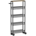 Slim Storage Trolley, 5-Tier Kitchen Cart on Wheels with Wood-effect Top, Handle for Living Room, Bathroom, Black