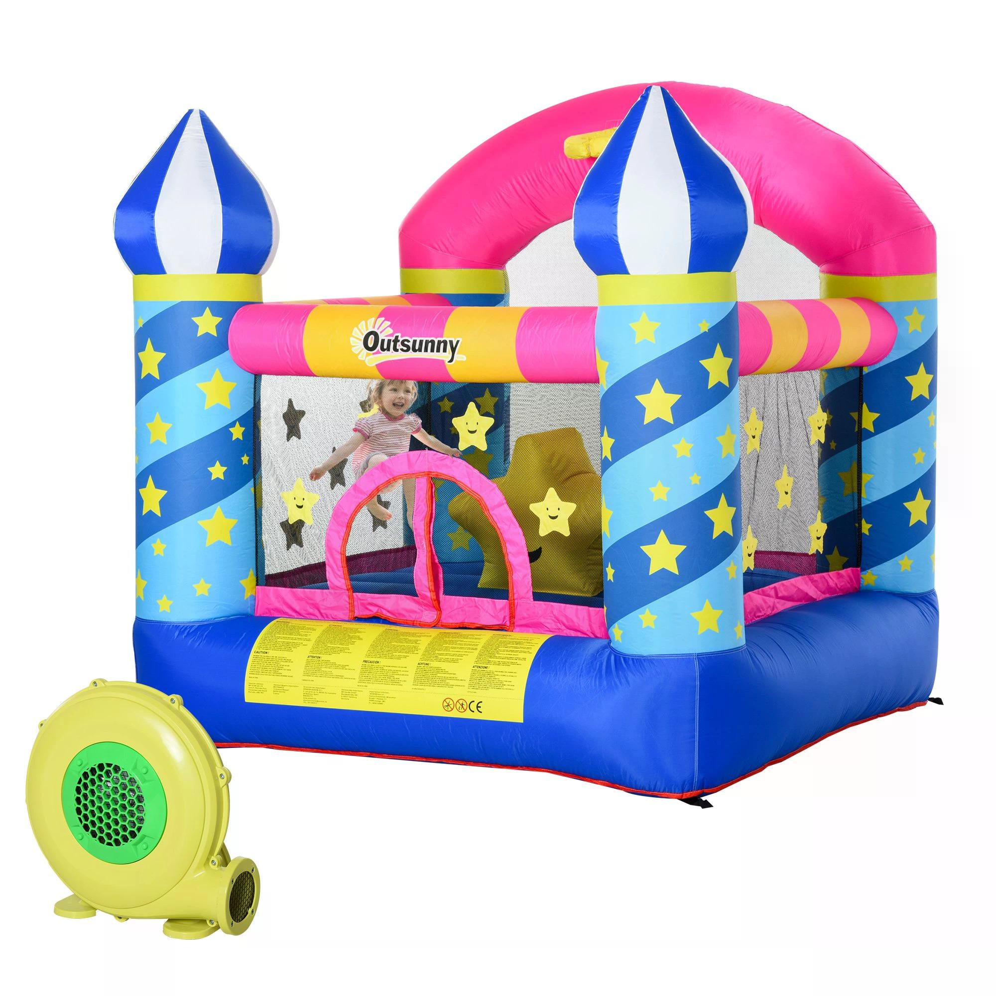 Kids Bouncy Castle, Inflatable Trampoline with Blower for Age 3-8 Castle Stars Design 1.95 x 1.95 x 2.15m