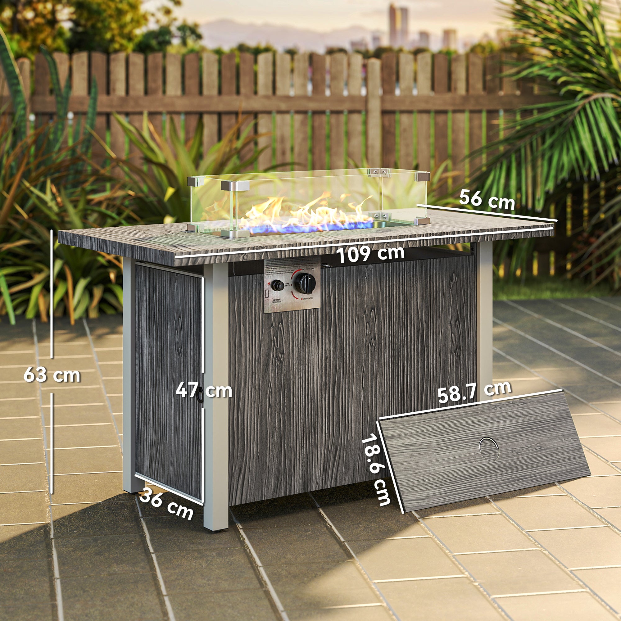50,000 BTU Gas Fire Pit Table with Cover and Glass Screen - Dark Grey