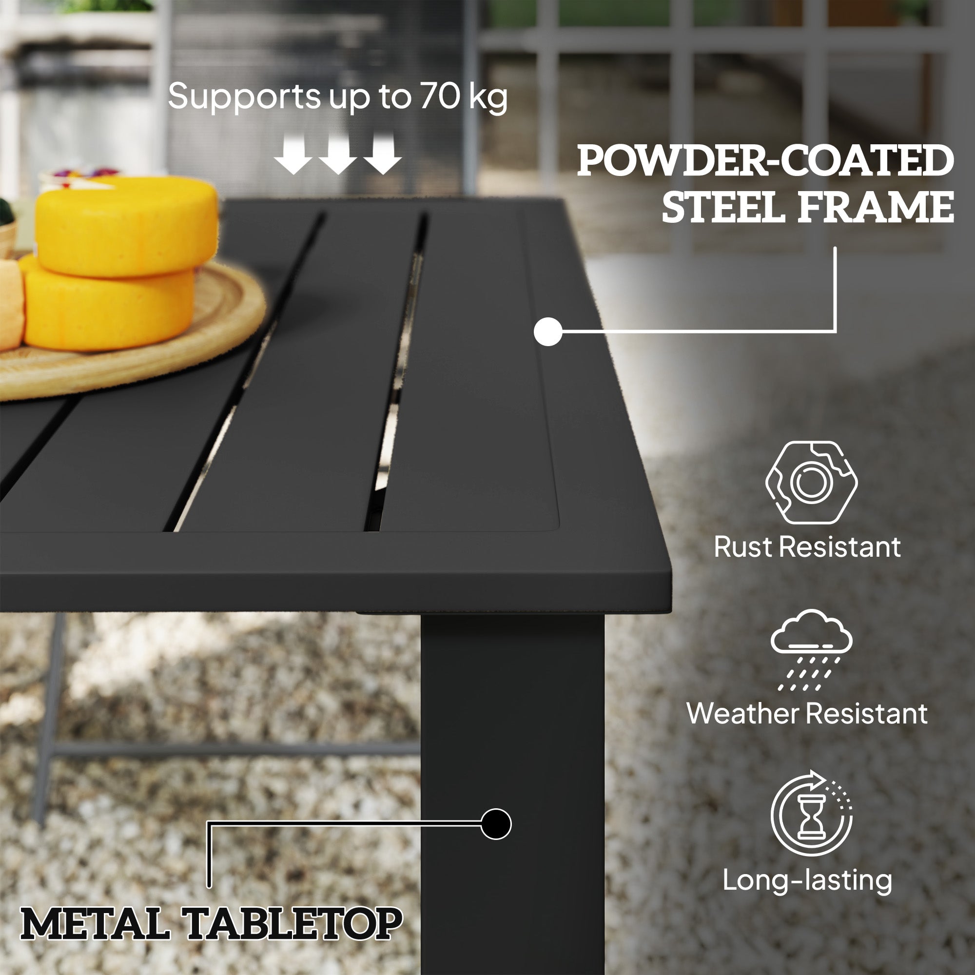 Garden Table with Parasol Hole for 6 Person, Rectangle Outdoor Dining Table with Slatted Metal Tabletop, Steel Frame for Patio, Balcony, 150 x 90 x 73 cm, Black