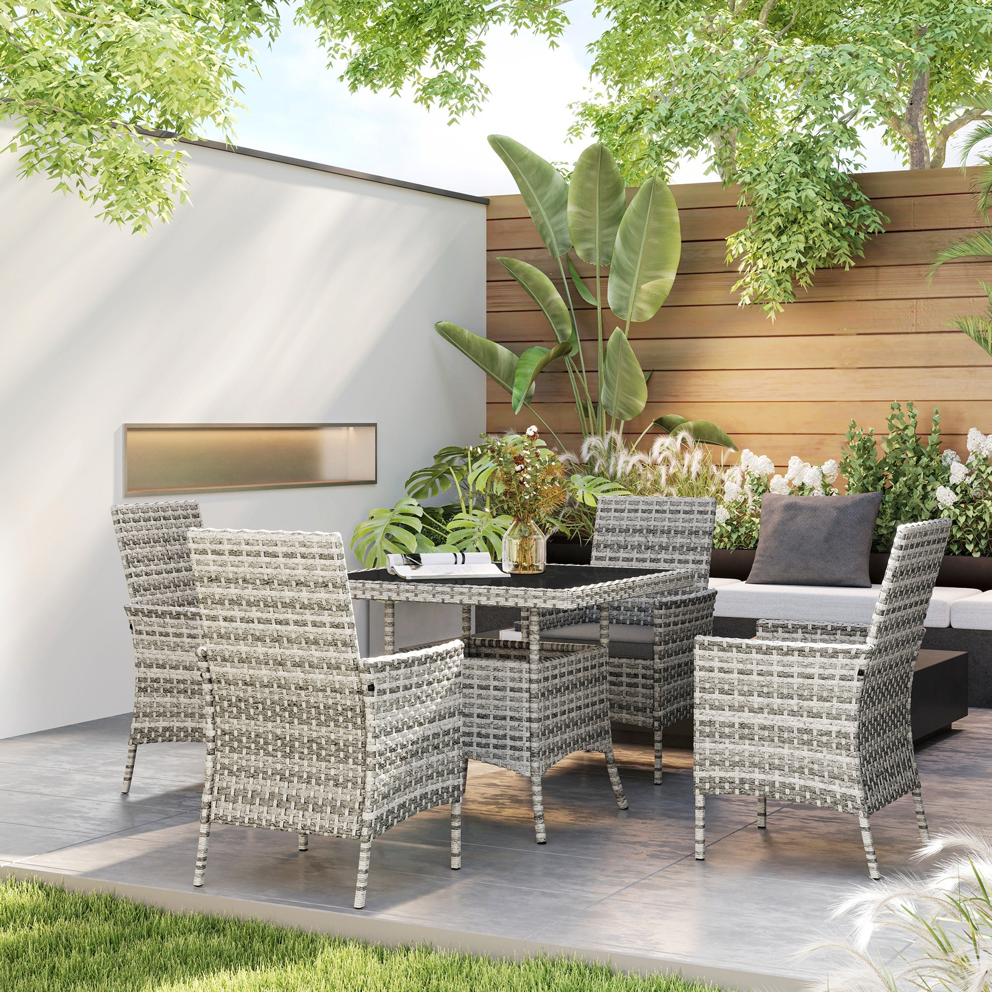 Rattan Garden Furniture Set, Outdoor Dining Table and Chairs 4 Seater with Cushions, Square Tempered Glass Top, 4 Armchairs, for Balcony, Terrace, Conservatory, Mixed-Grey