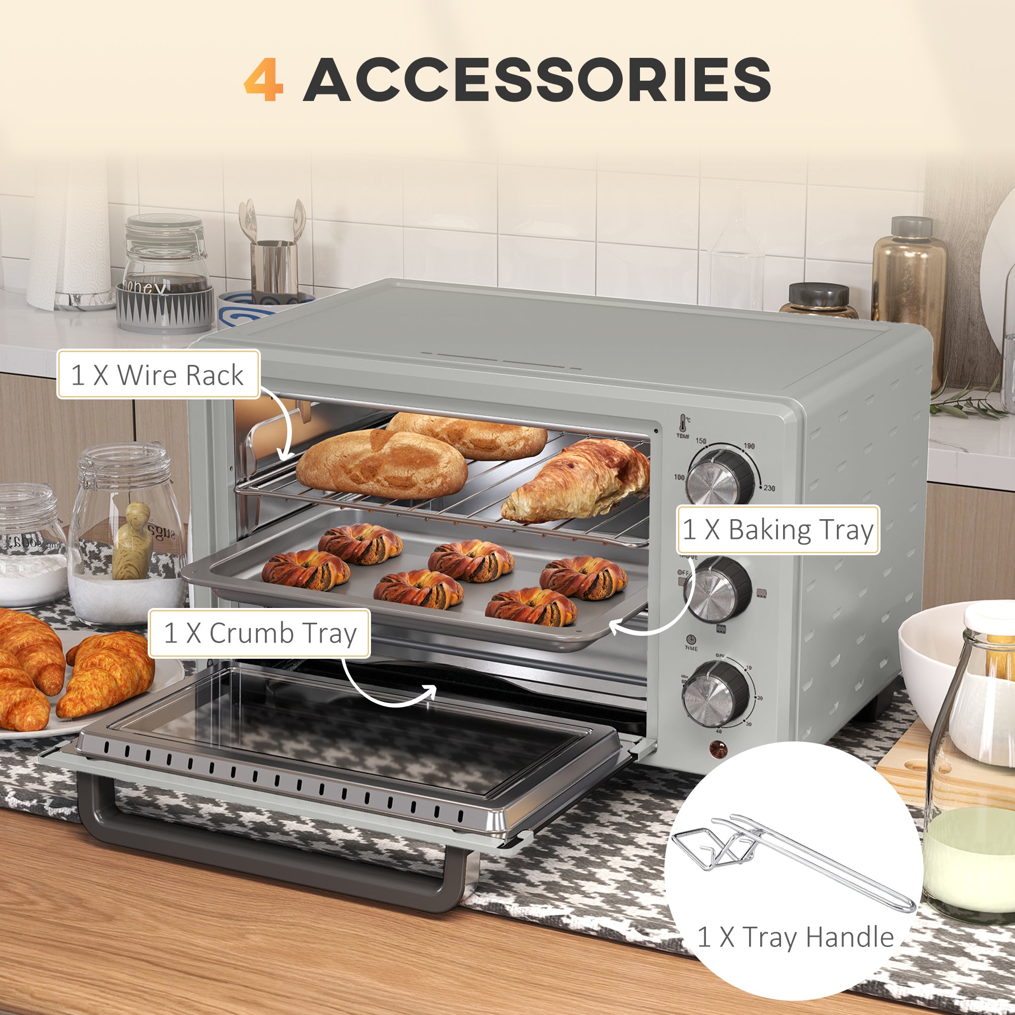 21L Mini Countertop Oven, 100°C-230°C Adjustable Temp - Silver Tone