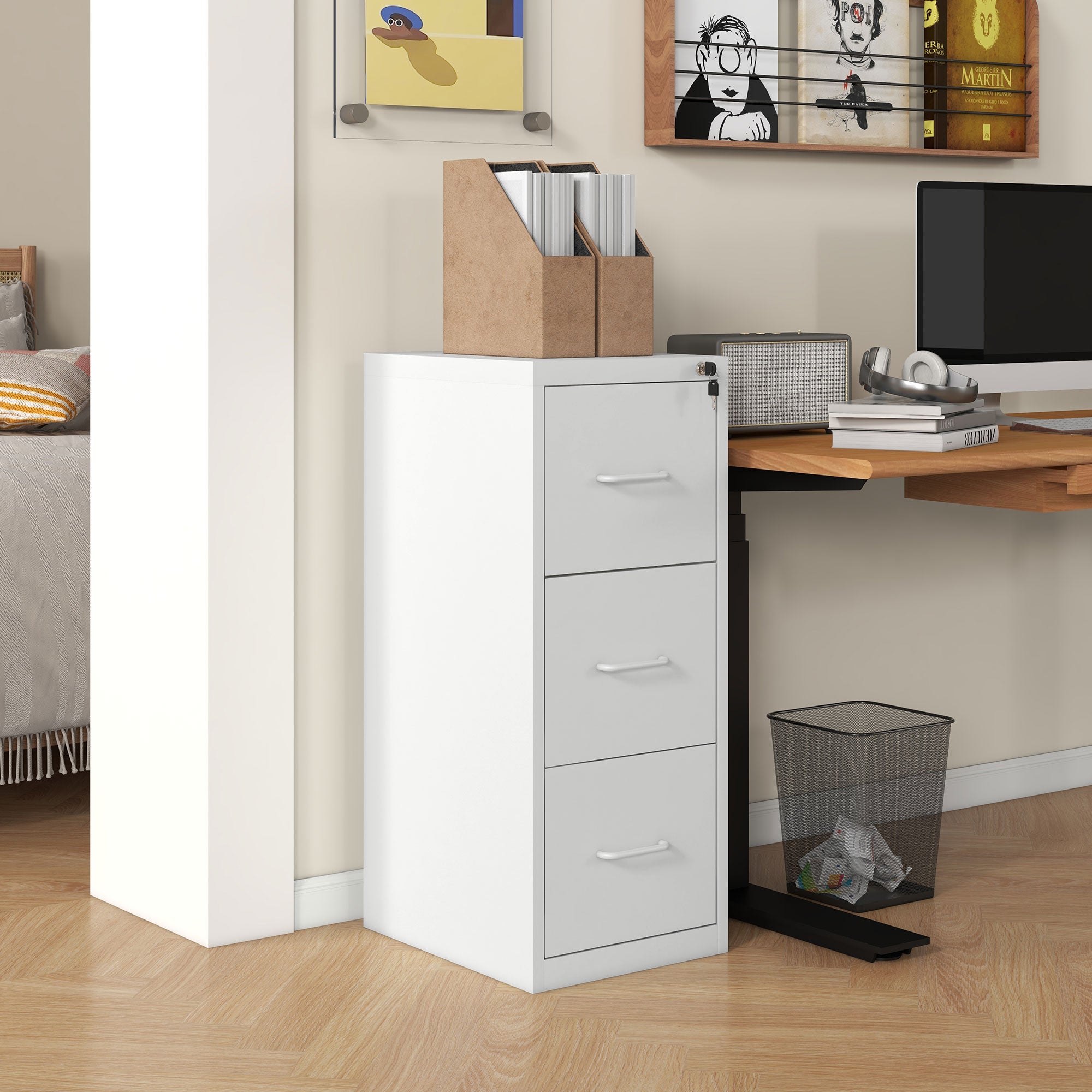 Three-Drawer Modern Steel Filing Cabinet - White