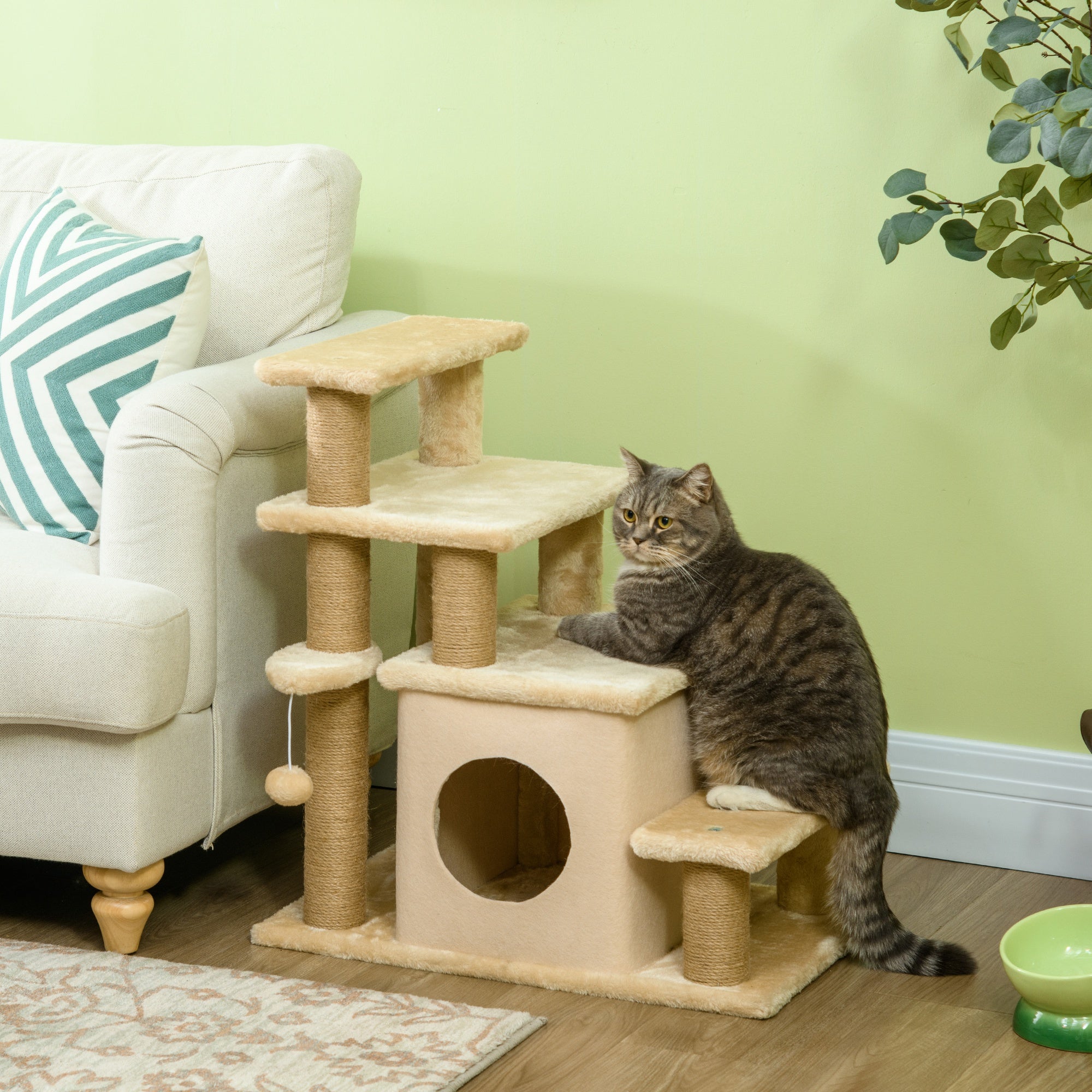 Adjustable Cat Steps, with House & Hanging Toy Ball - Beige