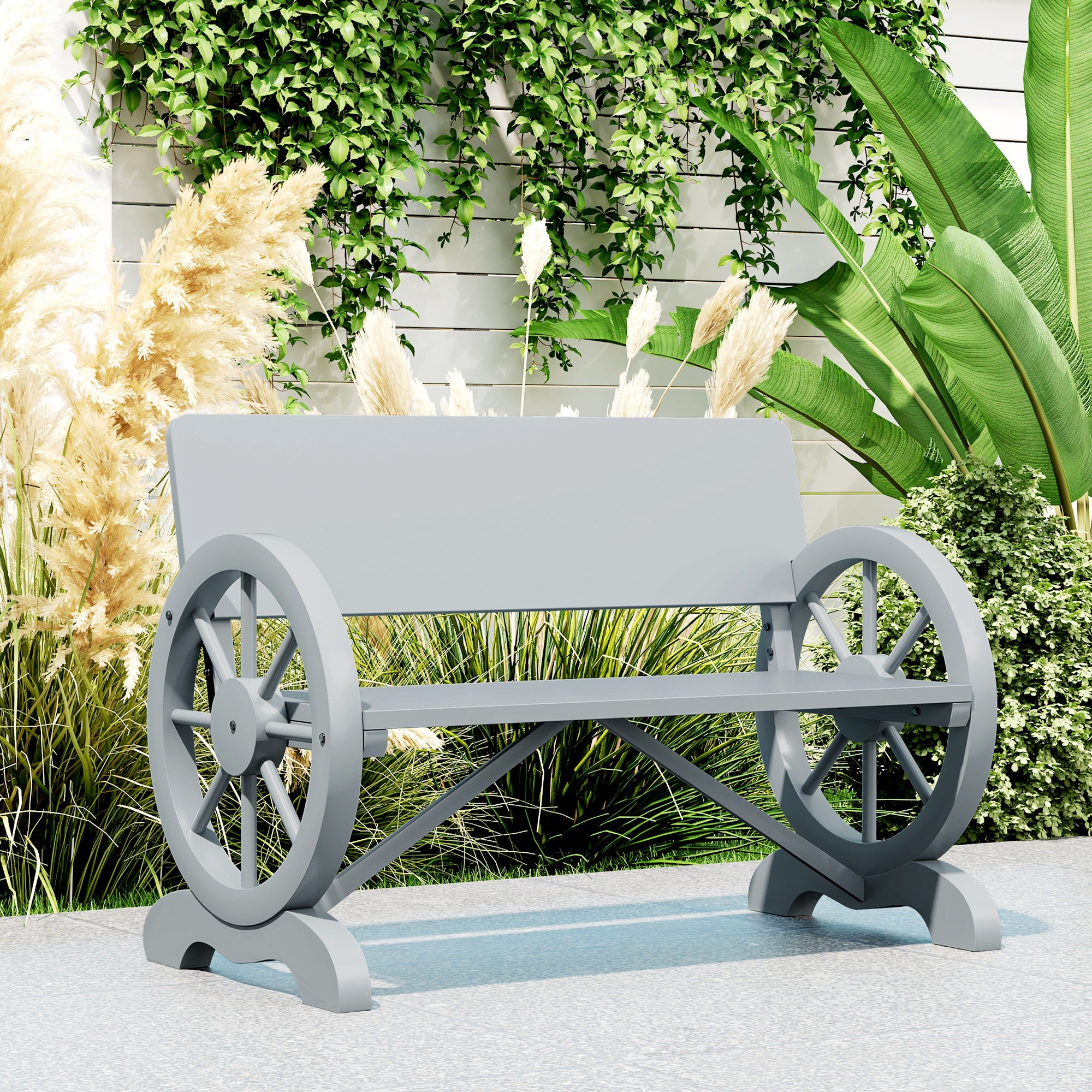 2 Seater Fir Wood Outdoor Garden Wagon Wheel Bench Grey