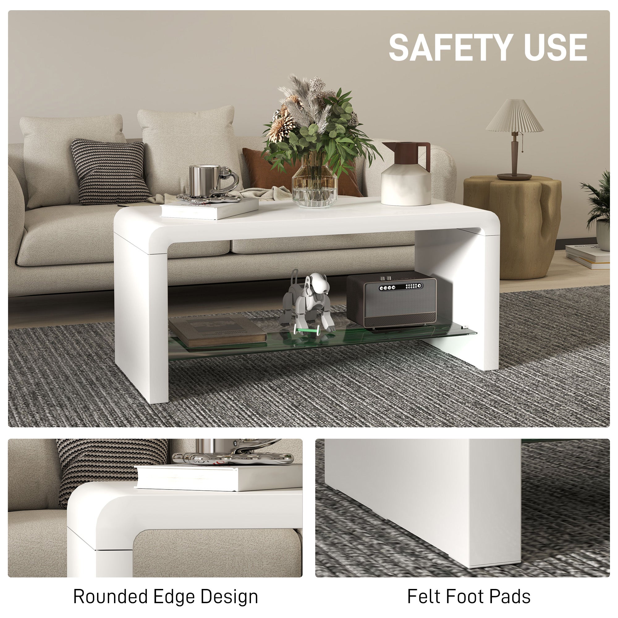 Curved Two-Tier Coffee Table with Glass Shelf - High Gloss White