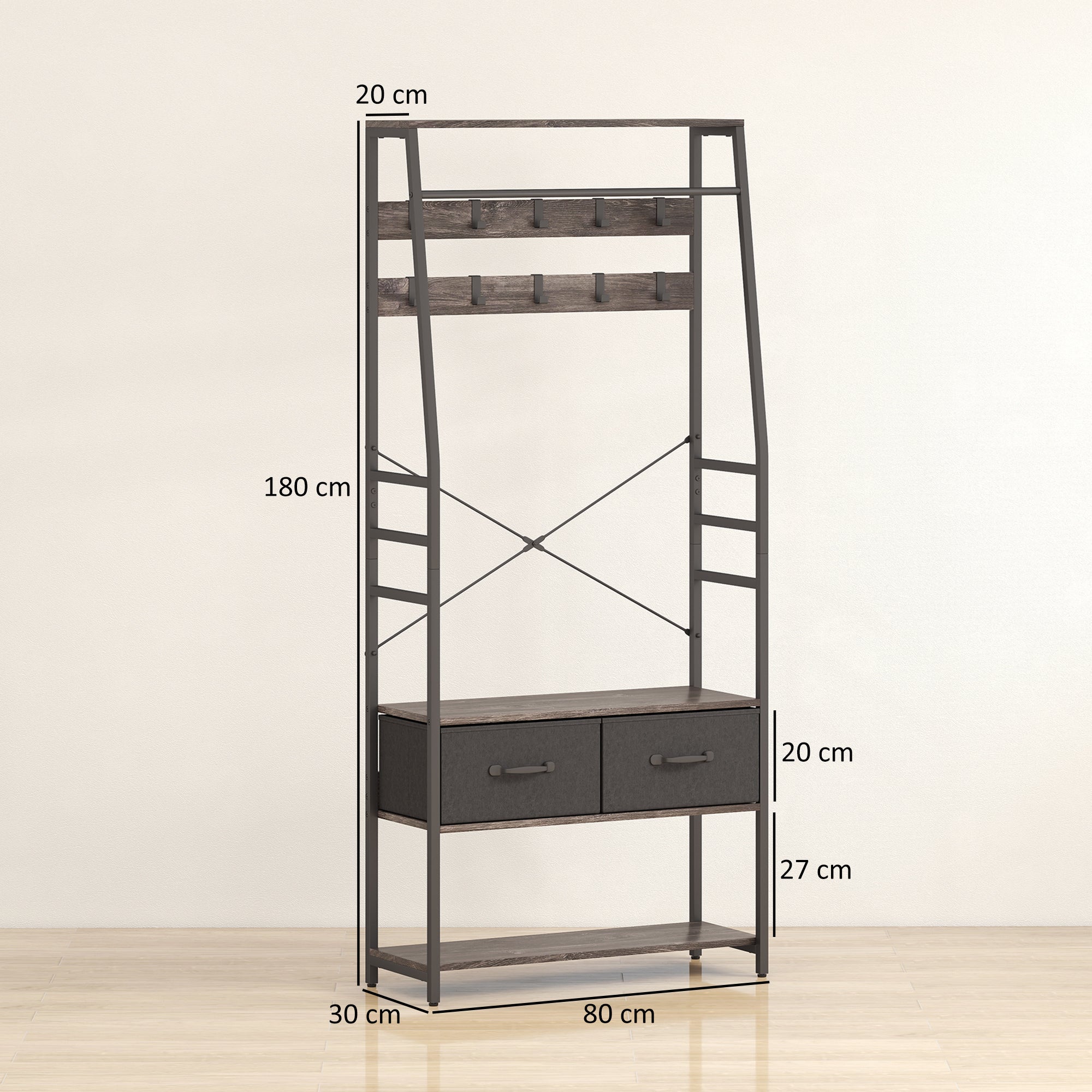 Coat Rack with Shoe Storage, Hall Tree, Industrial Coat Stand with Shoe Bench, 10 Removable Hooks, 2 Fabric Drawers and Clothes Rail for Entryway, Hallway, Grey