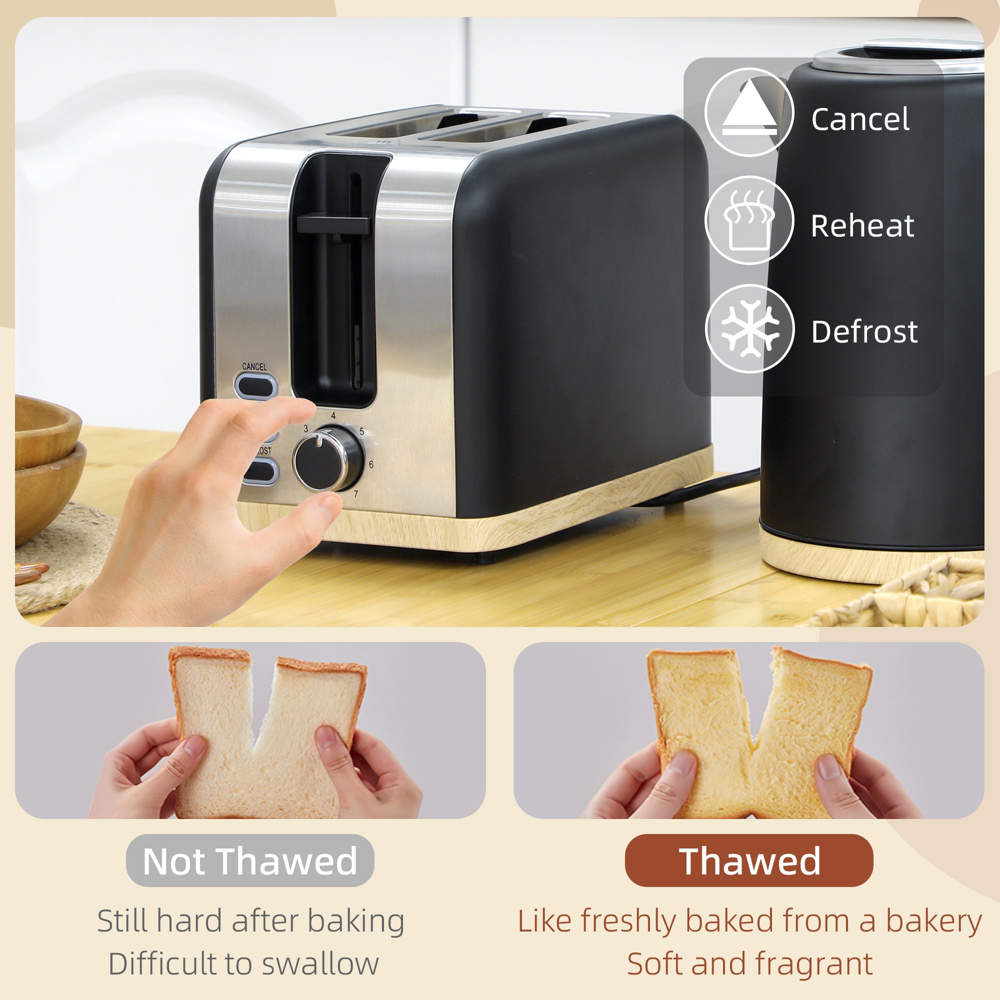 Kettle and Toaster Set, 1.7L 3000W Fast Boil Kettle & 2 Slice Toaster Kitchen Set with 7 Level Browning Controls, Defrost, Reheat, Auto Off, Boil-dry Protection, Black