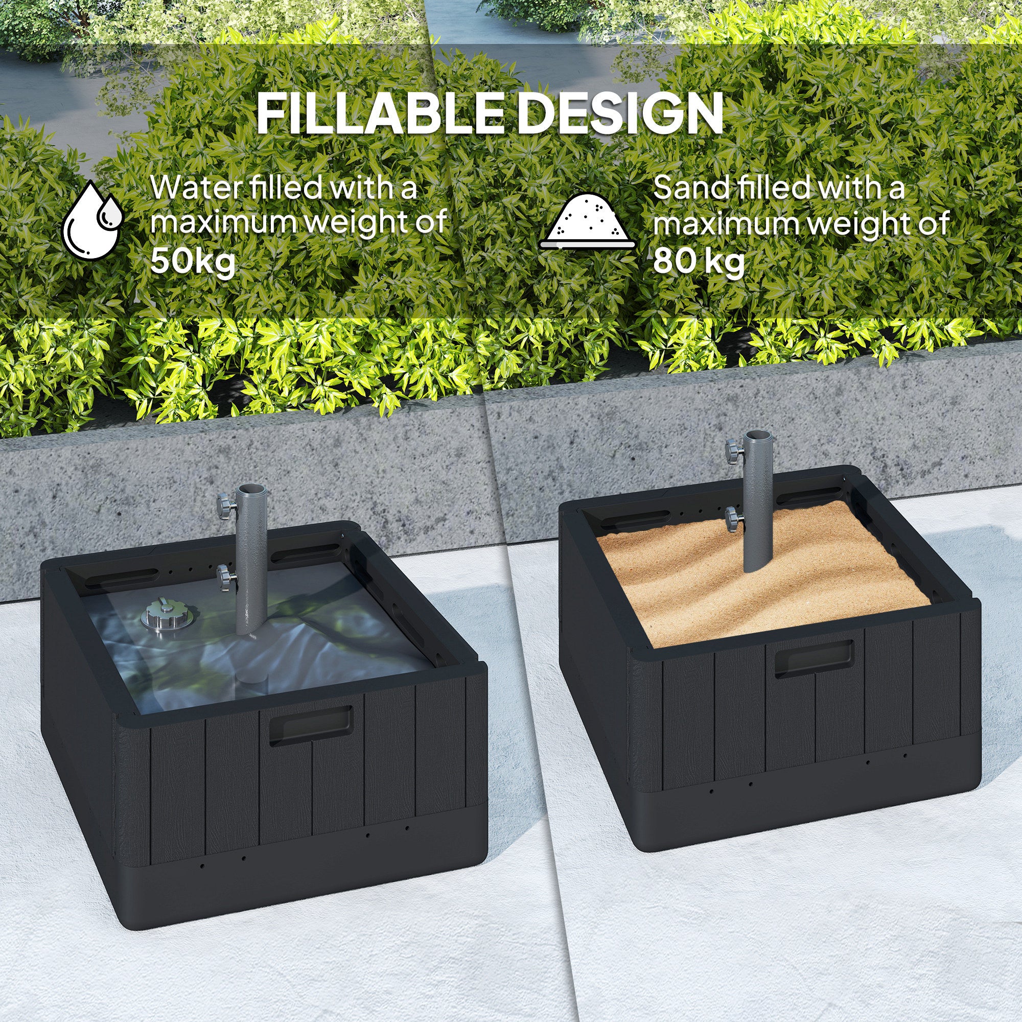Garden Parasol Base Outdoor Umbrella Stand with Wheels Handles, Garden Umbrella Base, Filled Up to 80kg with Stand or 50kg with Water for 38, 48 mm Poles, Black