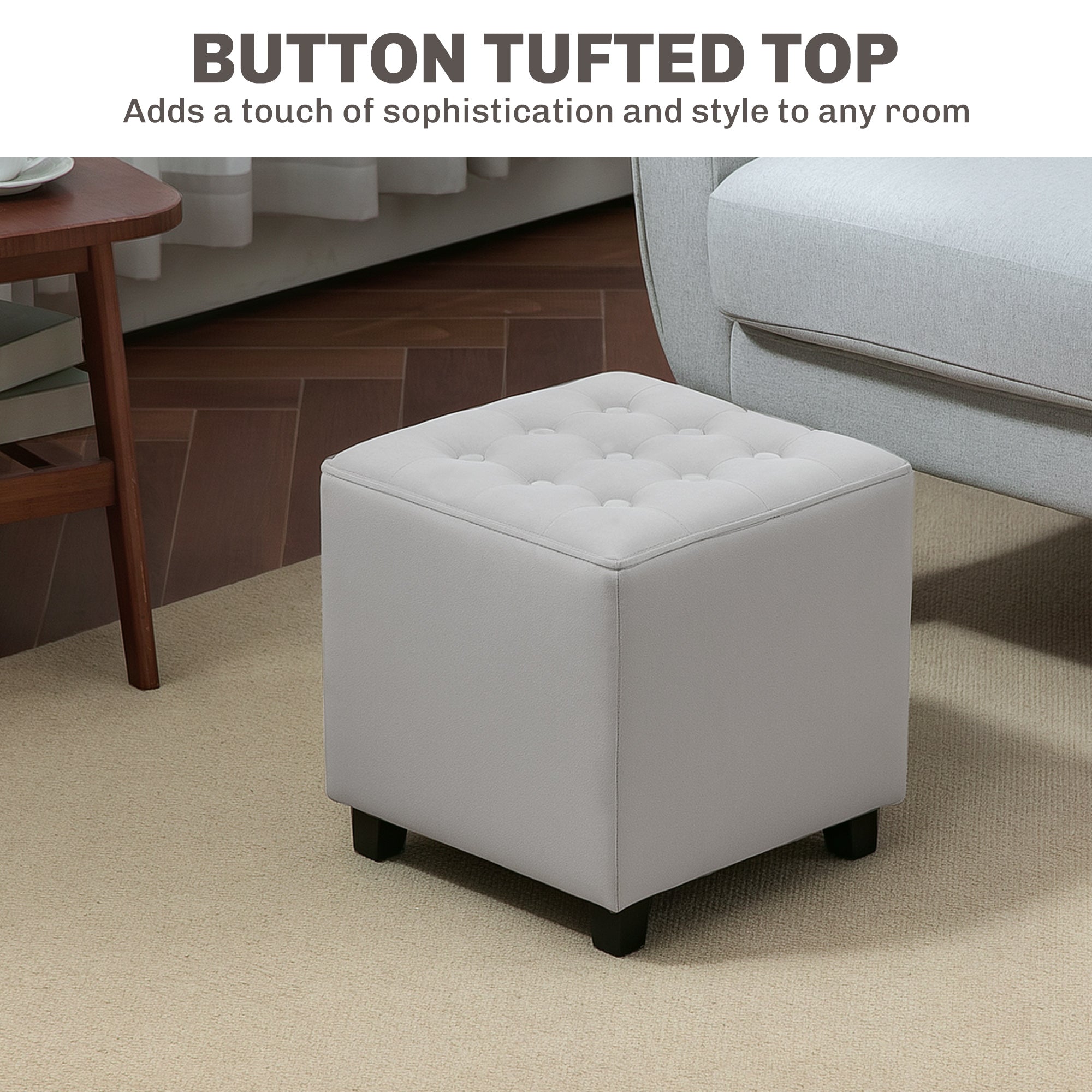Velvet-Feel Square Ottoman Compact Footstool - Light Grey
