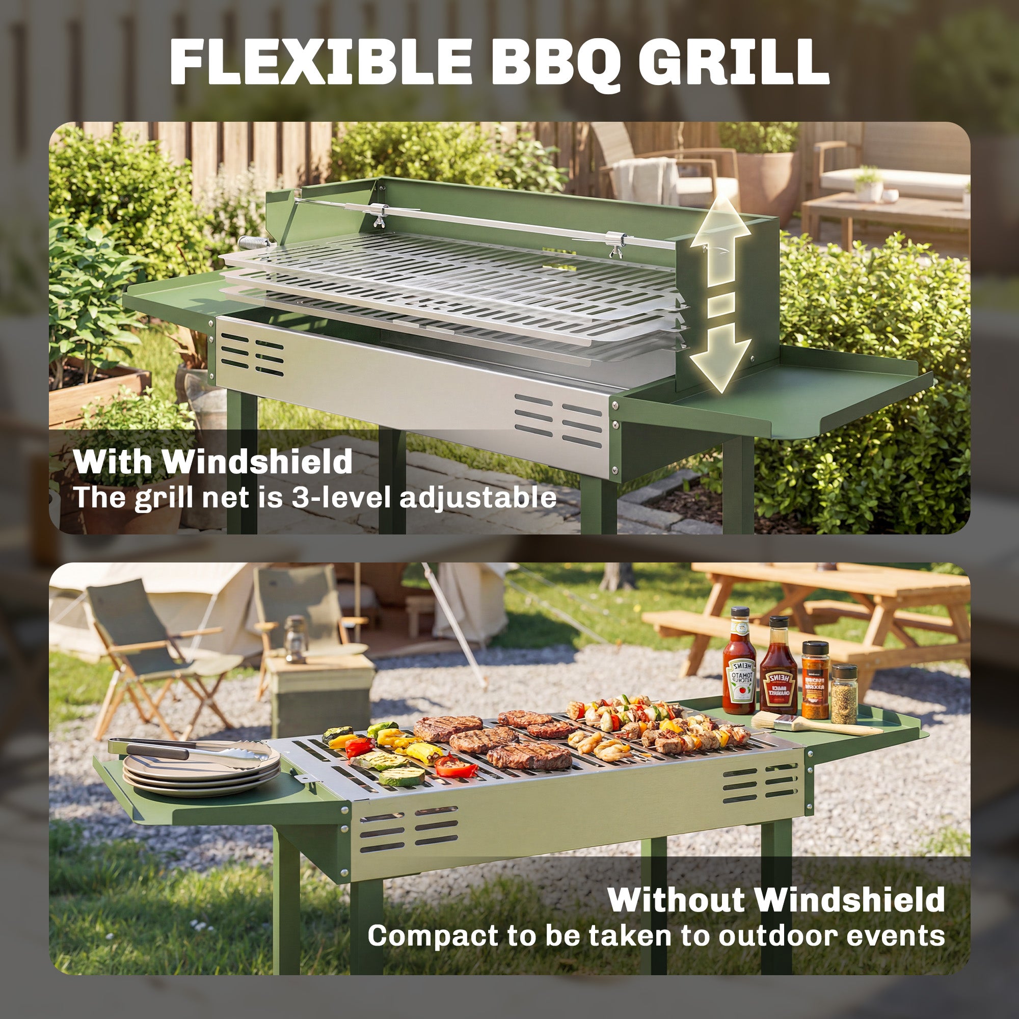 BBQ Rotisserie Grill Roaster Charcoal Spit Roasting Machine for Chicken Turkey with 3-Level Grill Grate, Side Shelves, Dark Green