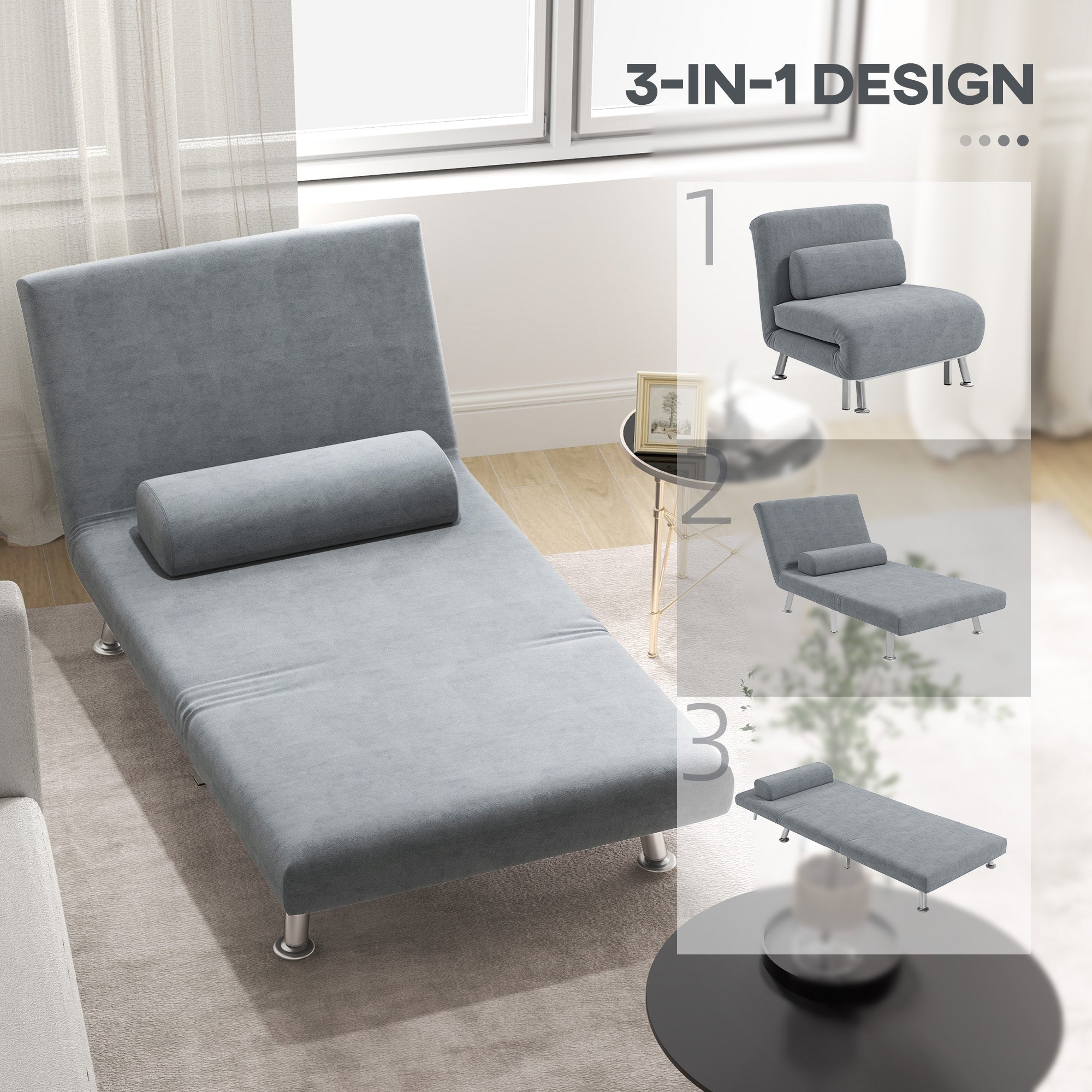 Single Sofa Bed, 1 Person Sleeper Foldable Lounge with Pillow, Grey