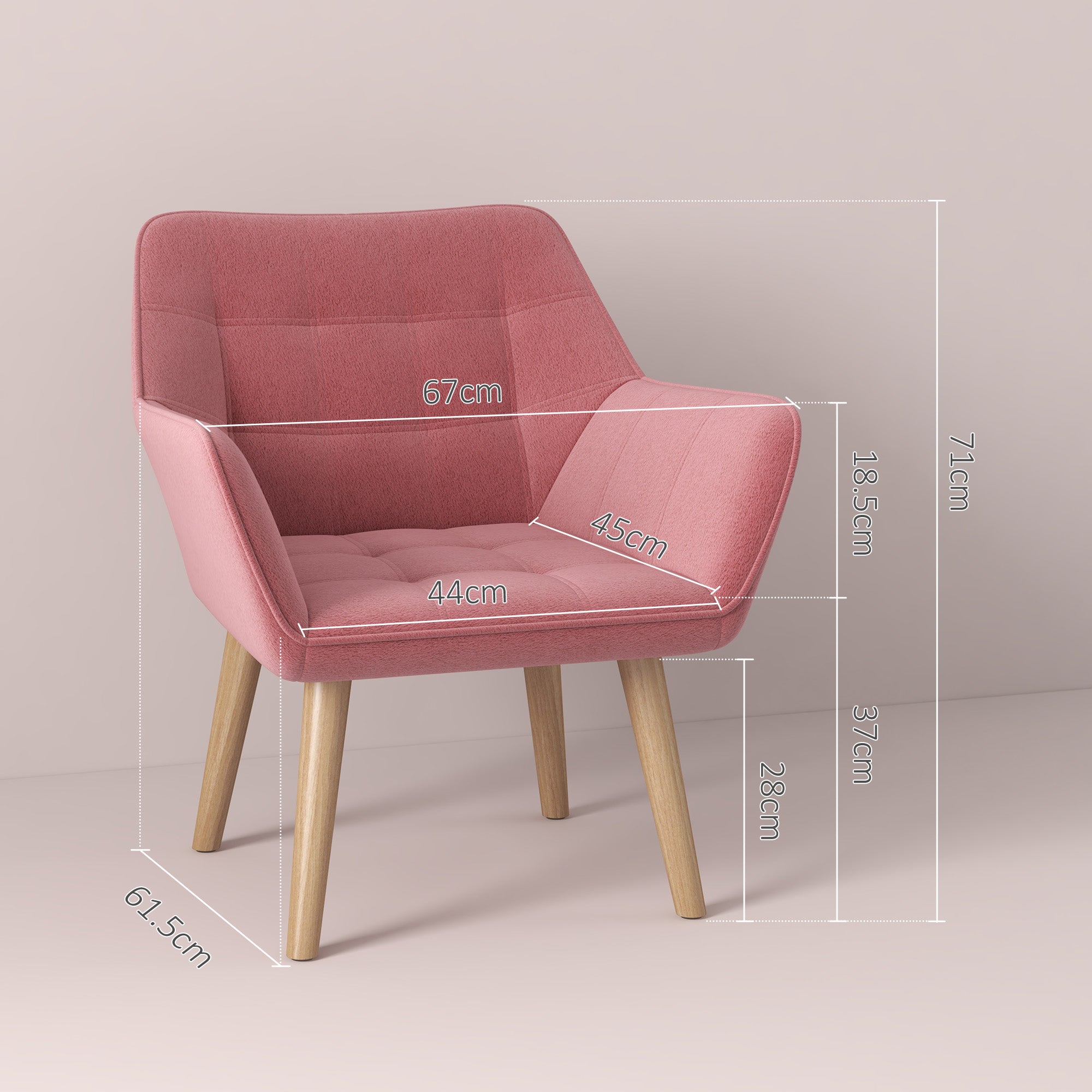 Accent Chair, Arm Chair with Wide Arms, Slanted Back, Thick Padding and Rubber Wooden Legs for Living Room, Pink