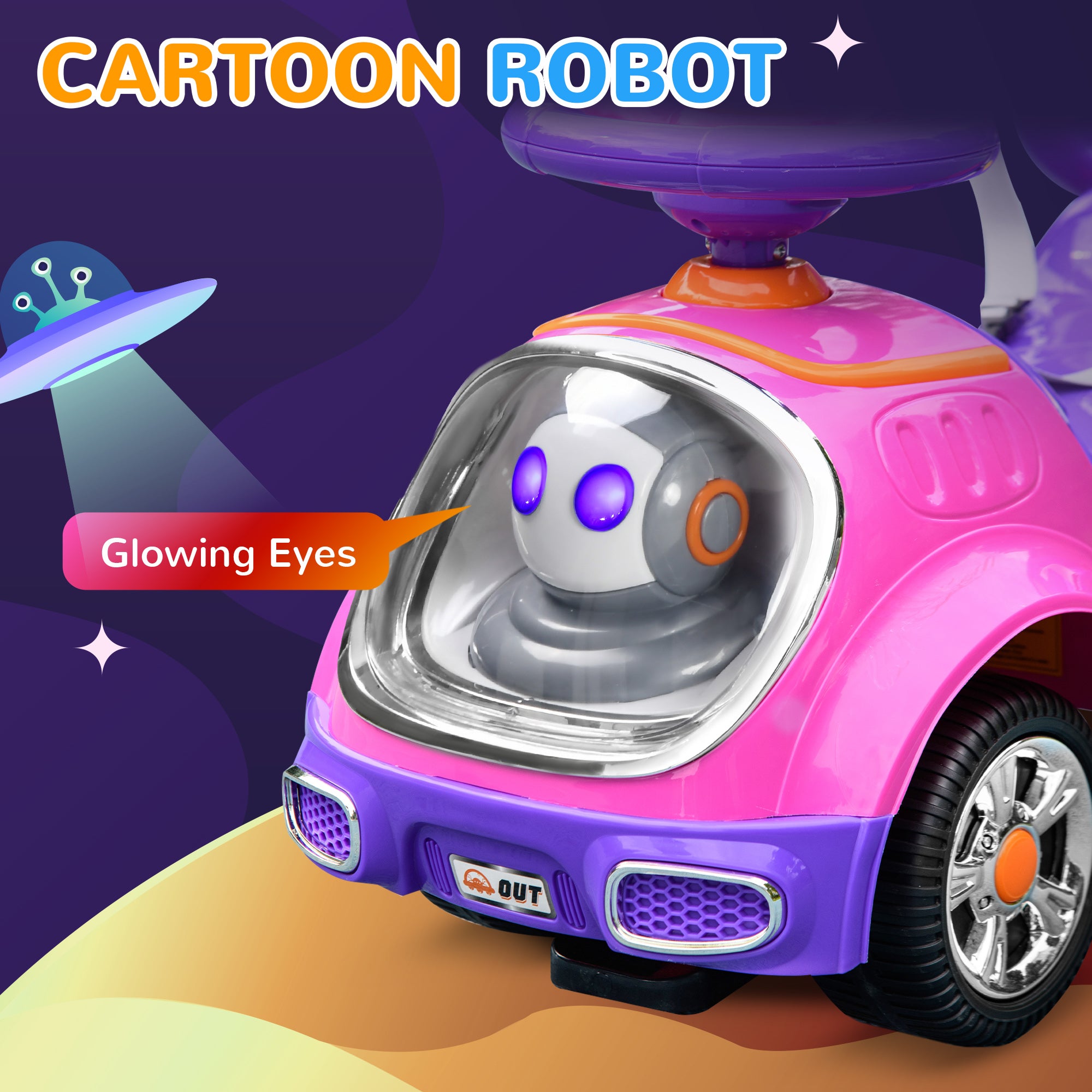 3 in 1 Ride on Push Car, Cartoon Robot Theme Foot to Floor Slider w/ Handle Light Music Horn, Storage - Pink