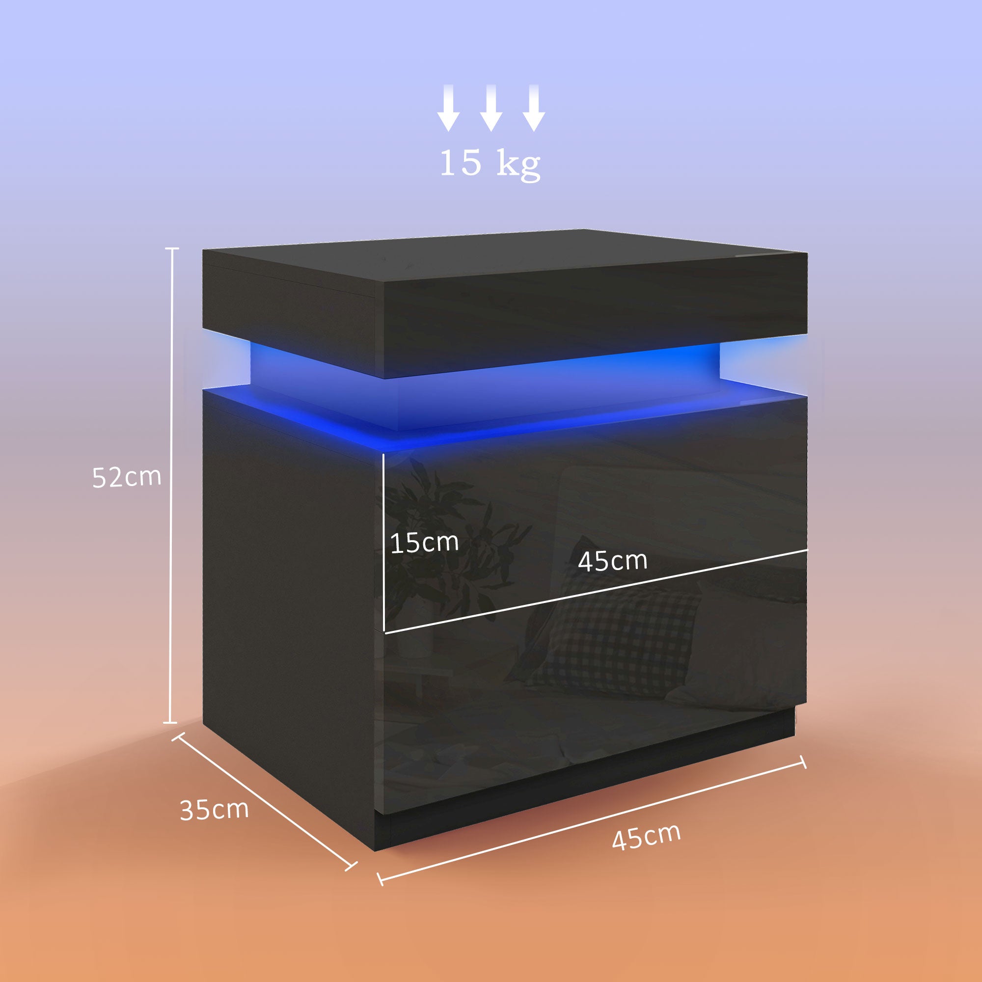 Black Bedside Table with LED Light, High Gloss Front Nightstand with 2 Drawers, for Living Room, Bedroom