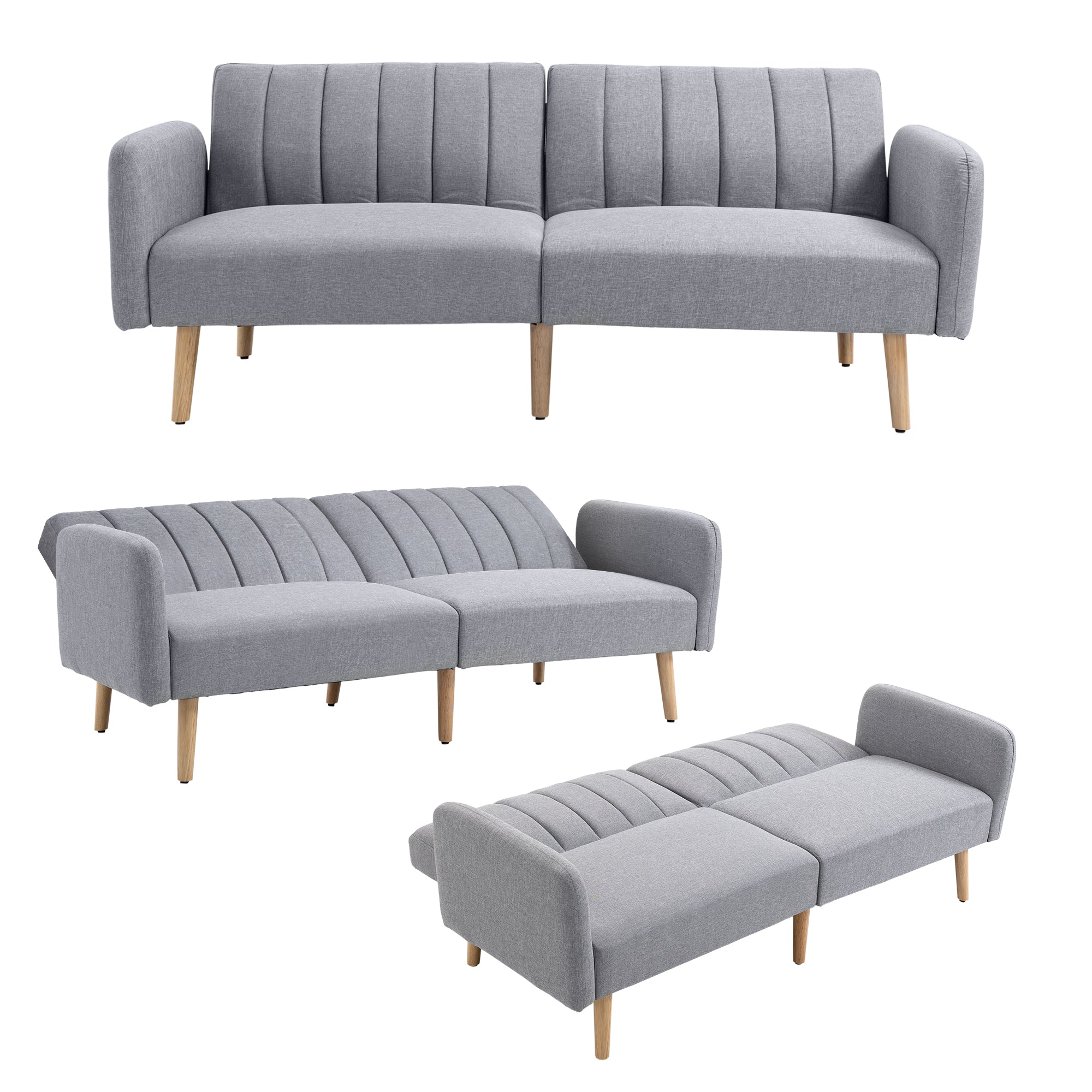 Three-Seater Sofa Bed, with Split Back - Light Grey