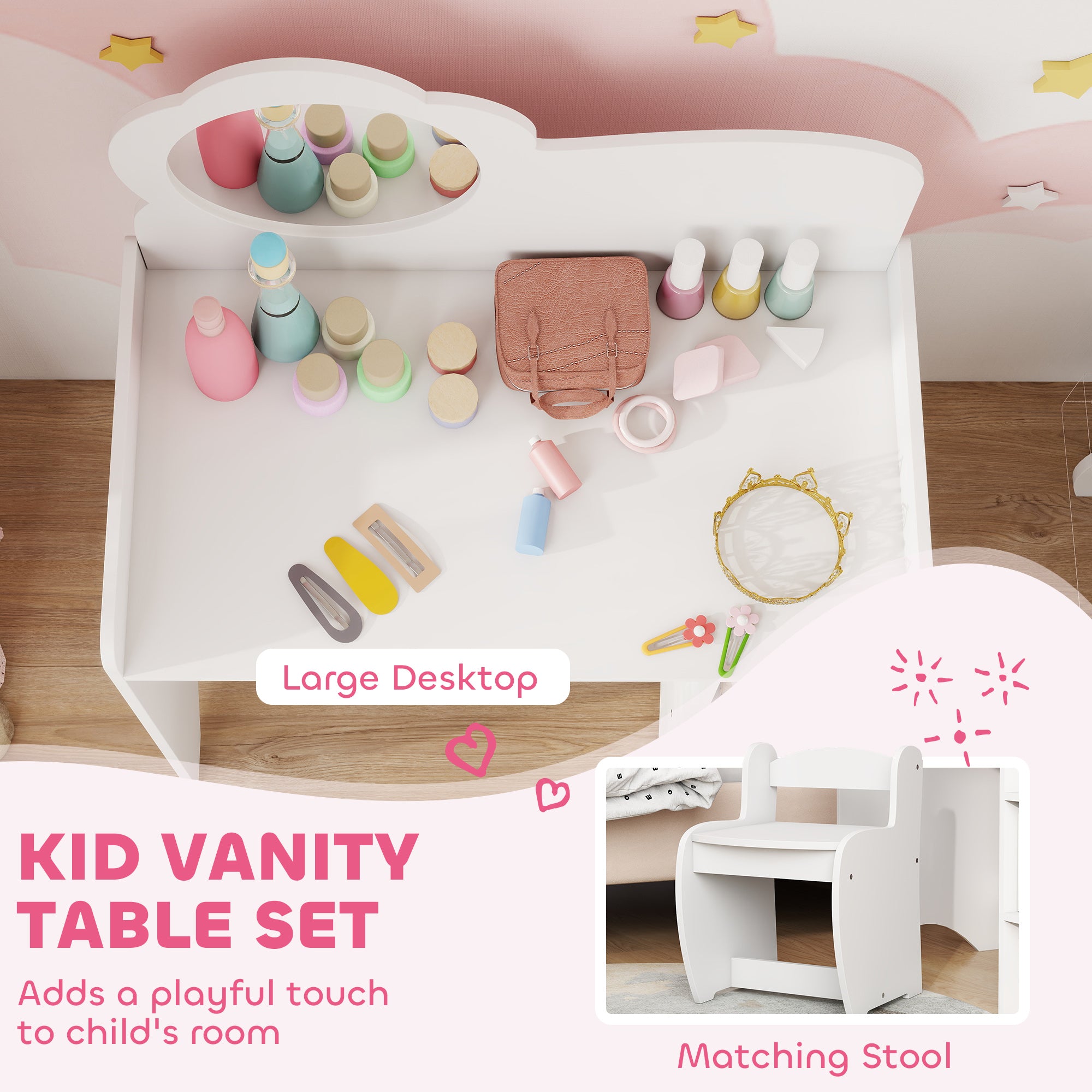 Kids Dressing Table with Mirror, Stool, Kids Vanity Table with Shelves, for Ages 3-8 Years, White
