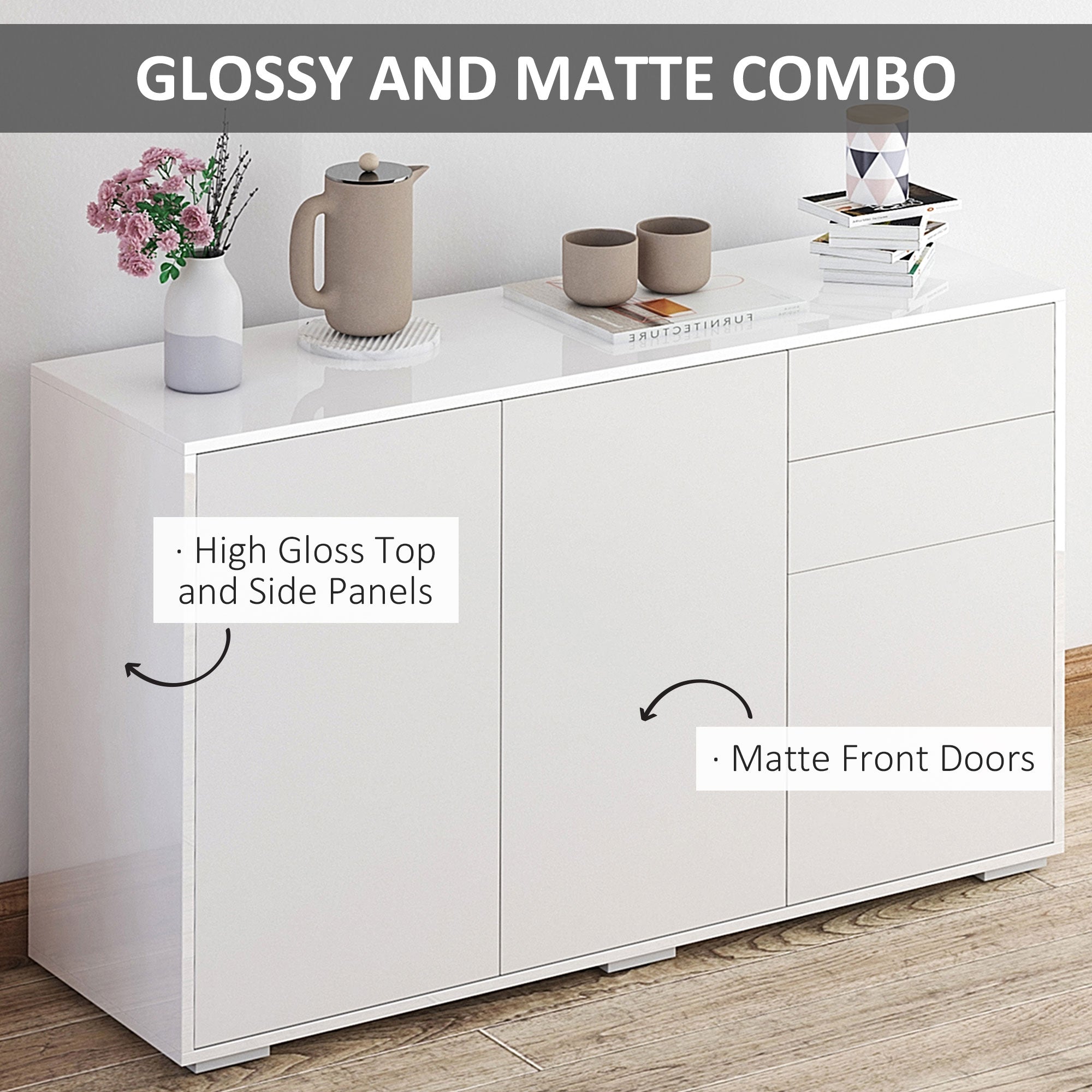 High Gloss Frame Sideboard, Side Cabinet, Push-Open Design with 2 Drawer for Living Room, Bedroom, White