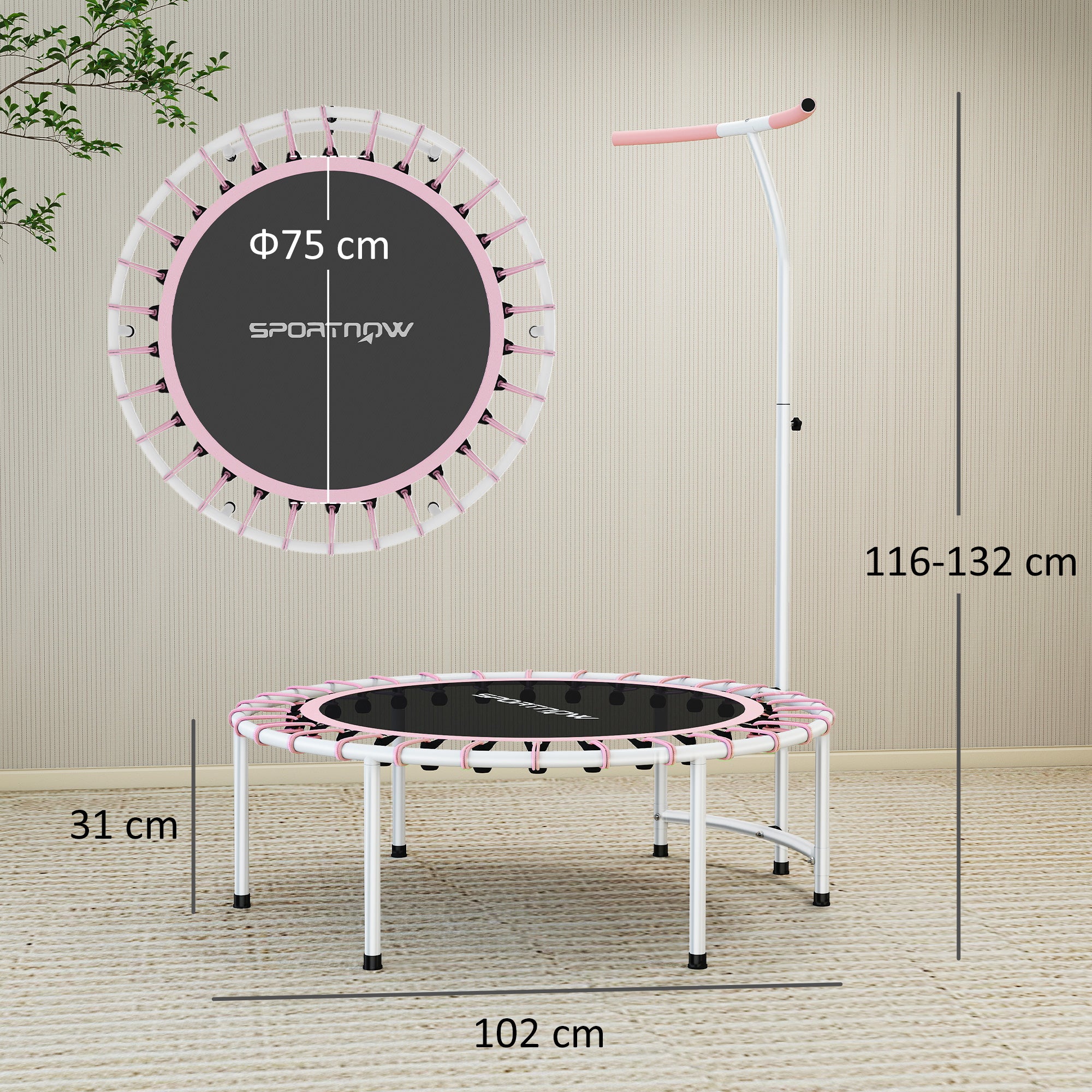 40" Fitness Trampoline, Mini Rebounder Trampoline for Adults with 5-Level Adjustable Handle, Indoor Exercise Bungee Rebounder, Max Load 100KG, Pink