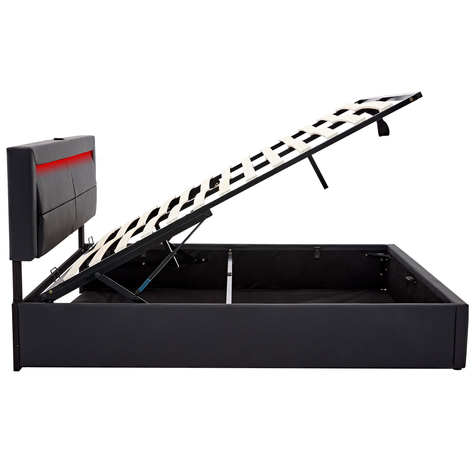 Upholstered Double Bed with USB Charging and Storage - Black