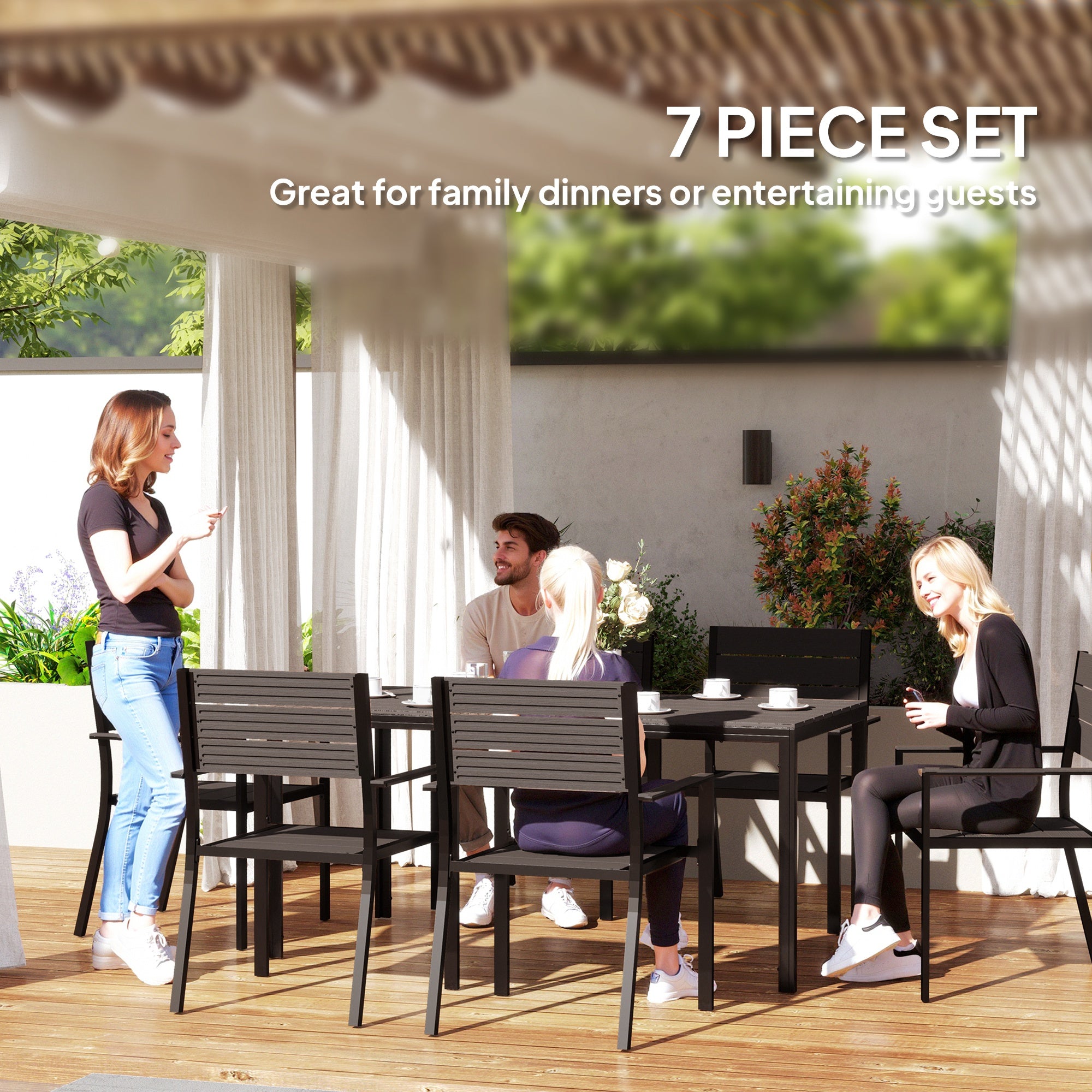 7 Piece Garden Furniture Set with HDPE Table and Stackable Chairs - Dark Brown