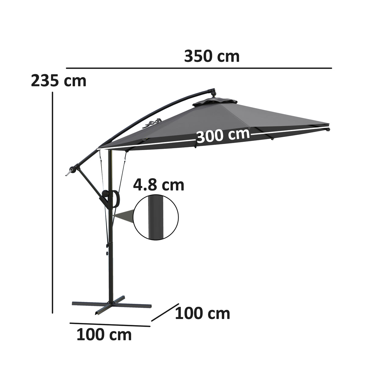 3m Garden Cantilever Parasol with Crank, Tilt, Cover & Wind Strap - Grey