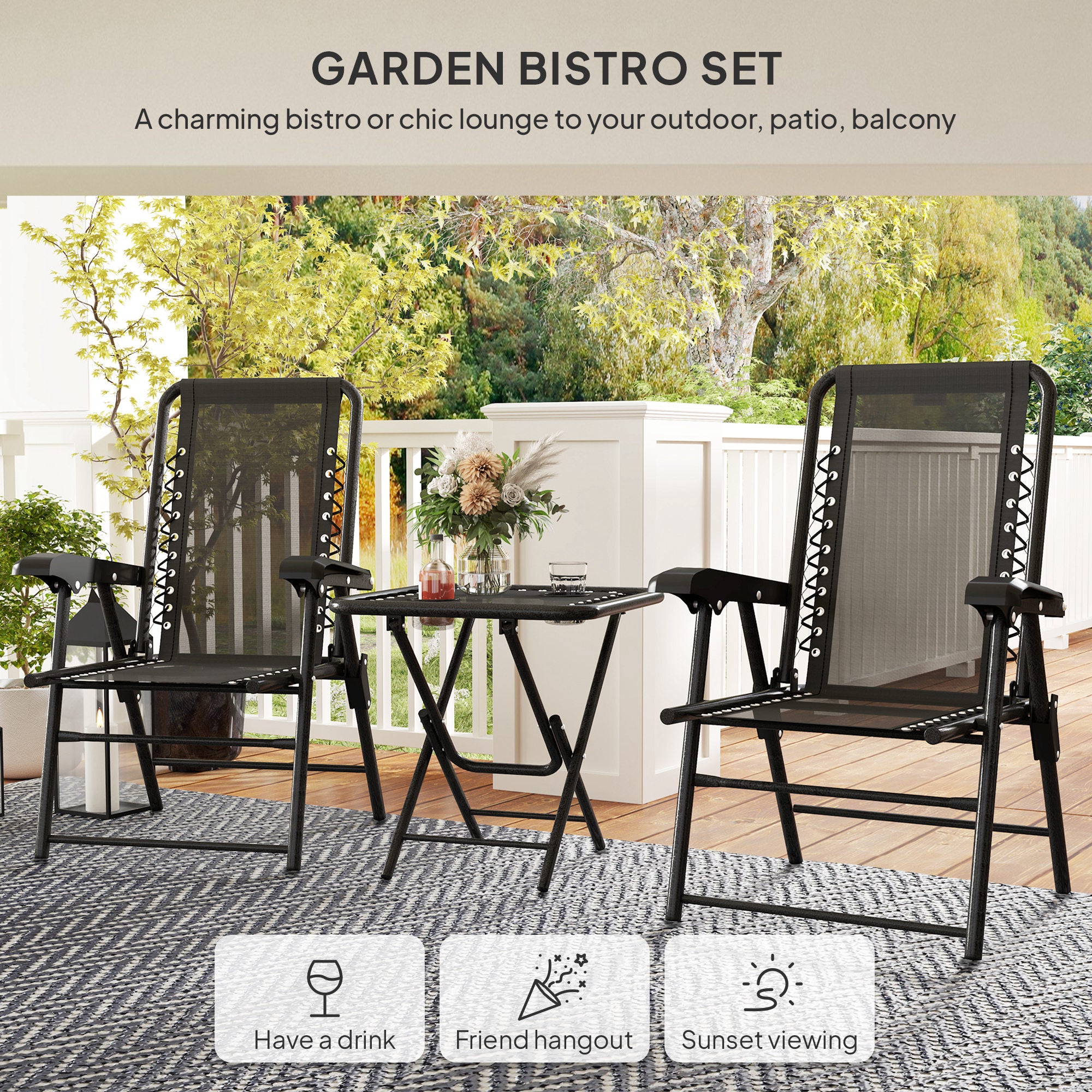 3 Piece Garden Table and Chair Set with Texteline Fabric - Black