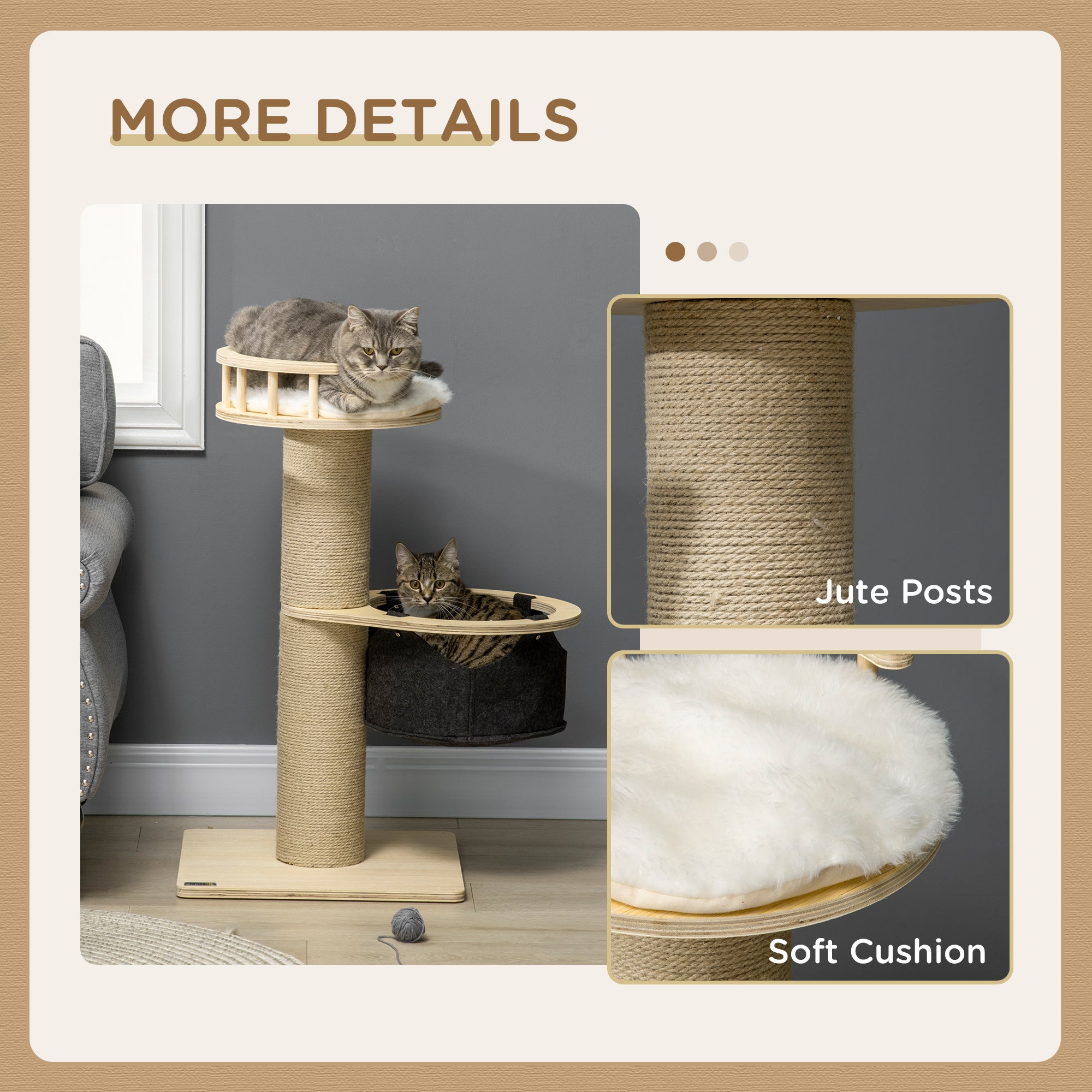 Cat Tree, with Hammock, Bed, Jute Scratching Post - Natural Finish