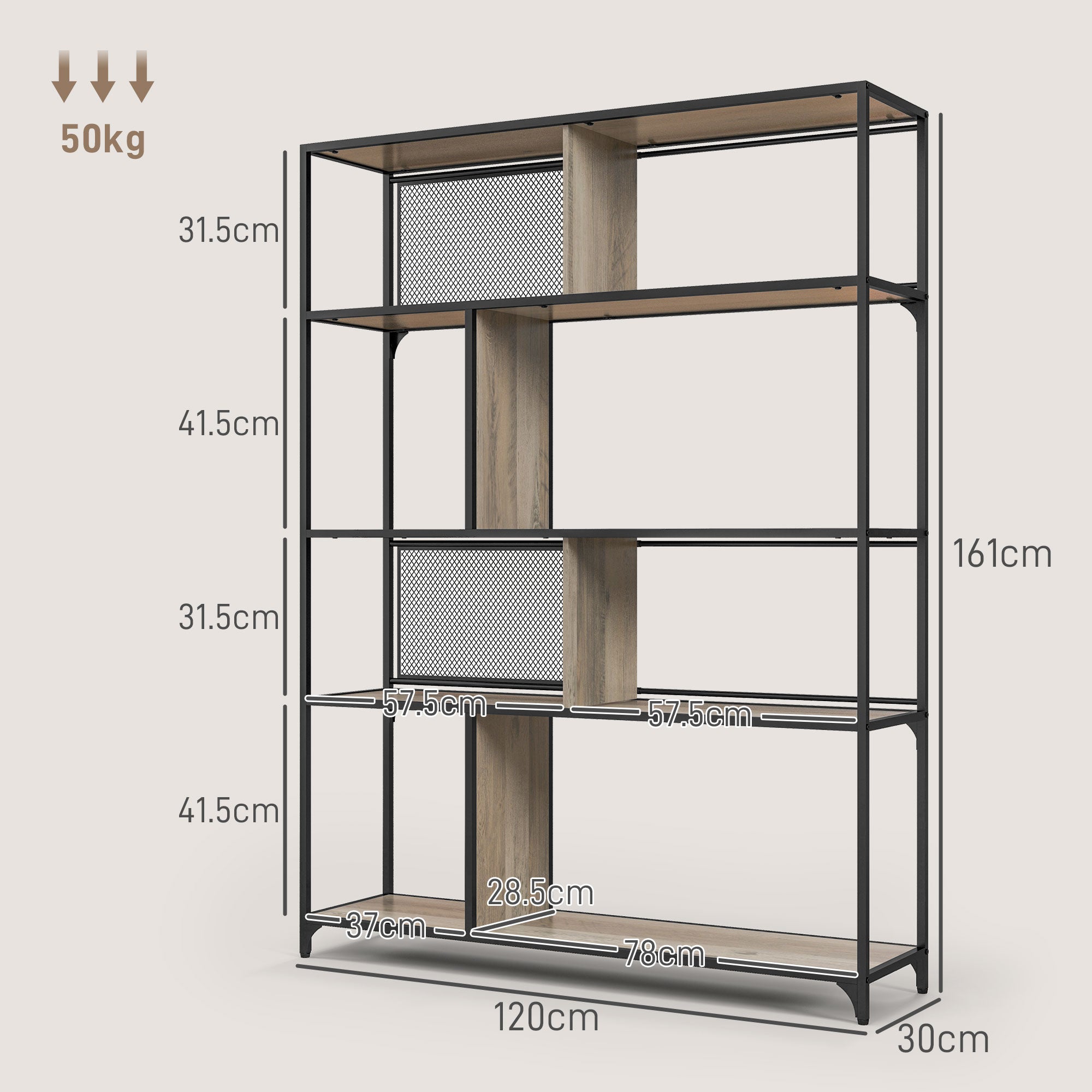 5 Tier Book Shelf with Sliding Mesh Doors, Industrial Storage Shelves, Metal Shelving Unit for Living Room, Study, Bedroom, Grey Wood Grain