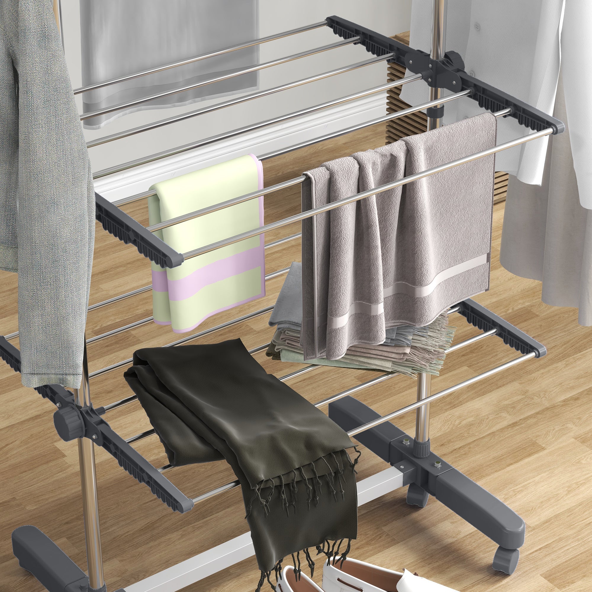 Four-Shelf Collapsible Clothes Horse with Side Arms and Wheels - Grey