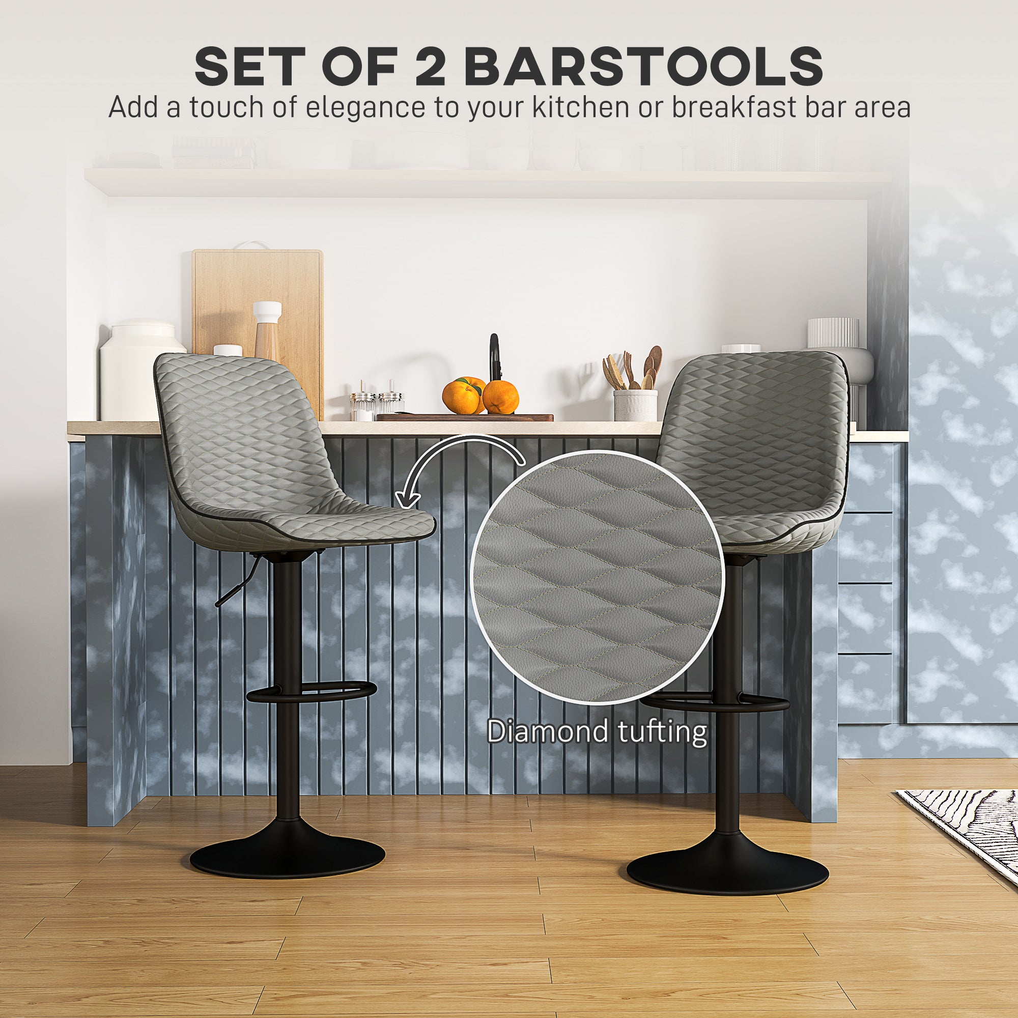 Set of Two Faux Leather Bar Stools - Grey