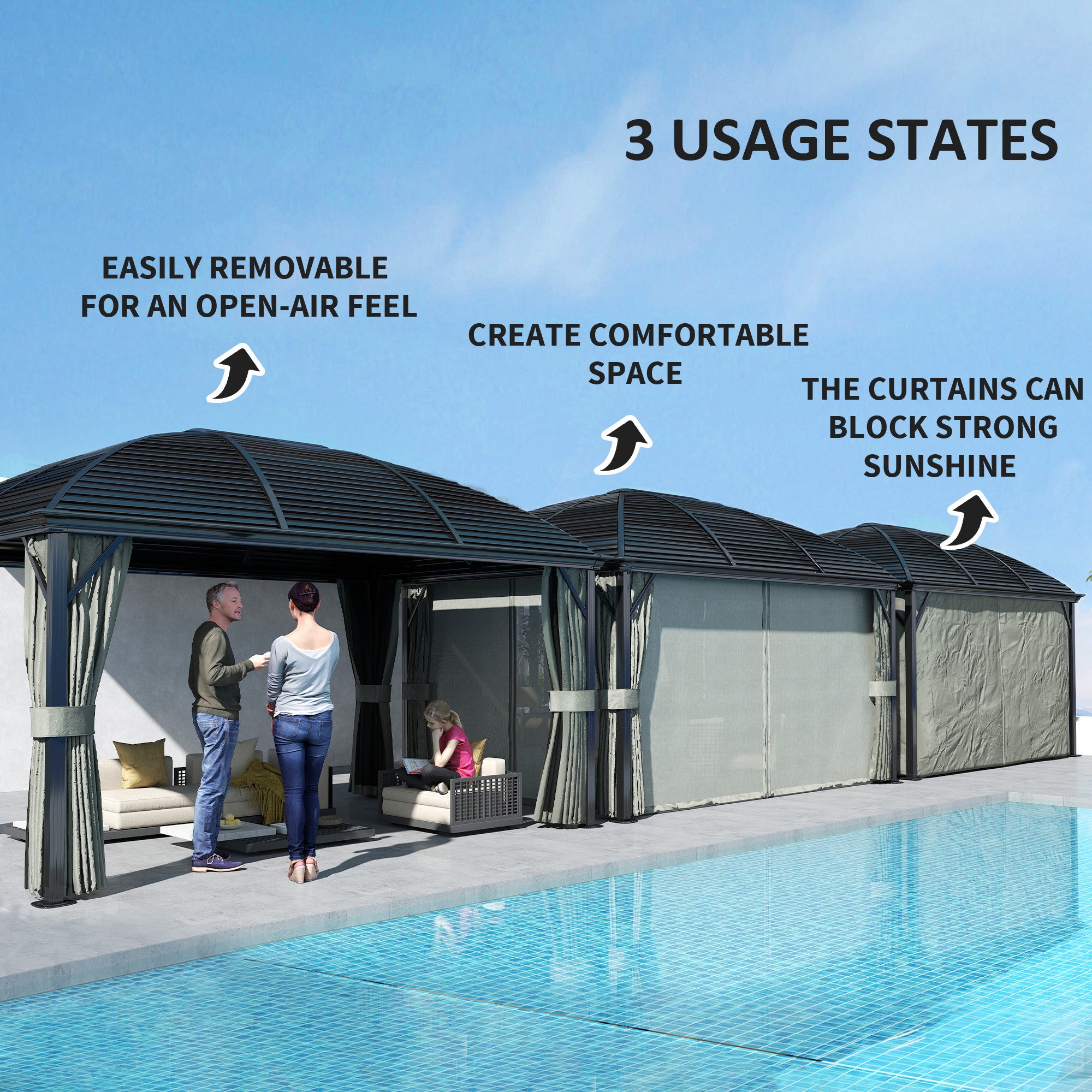 3 x 4m Hardtop Gazebo with Metal Roof, Netting & Curtains Aluminium Pavilion - Dark Grey
