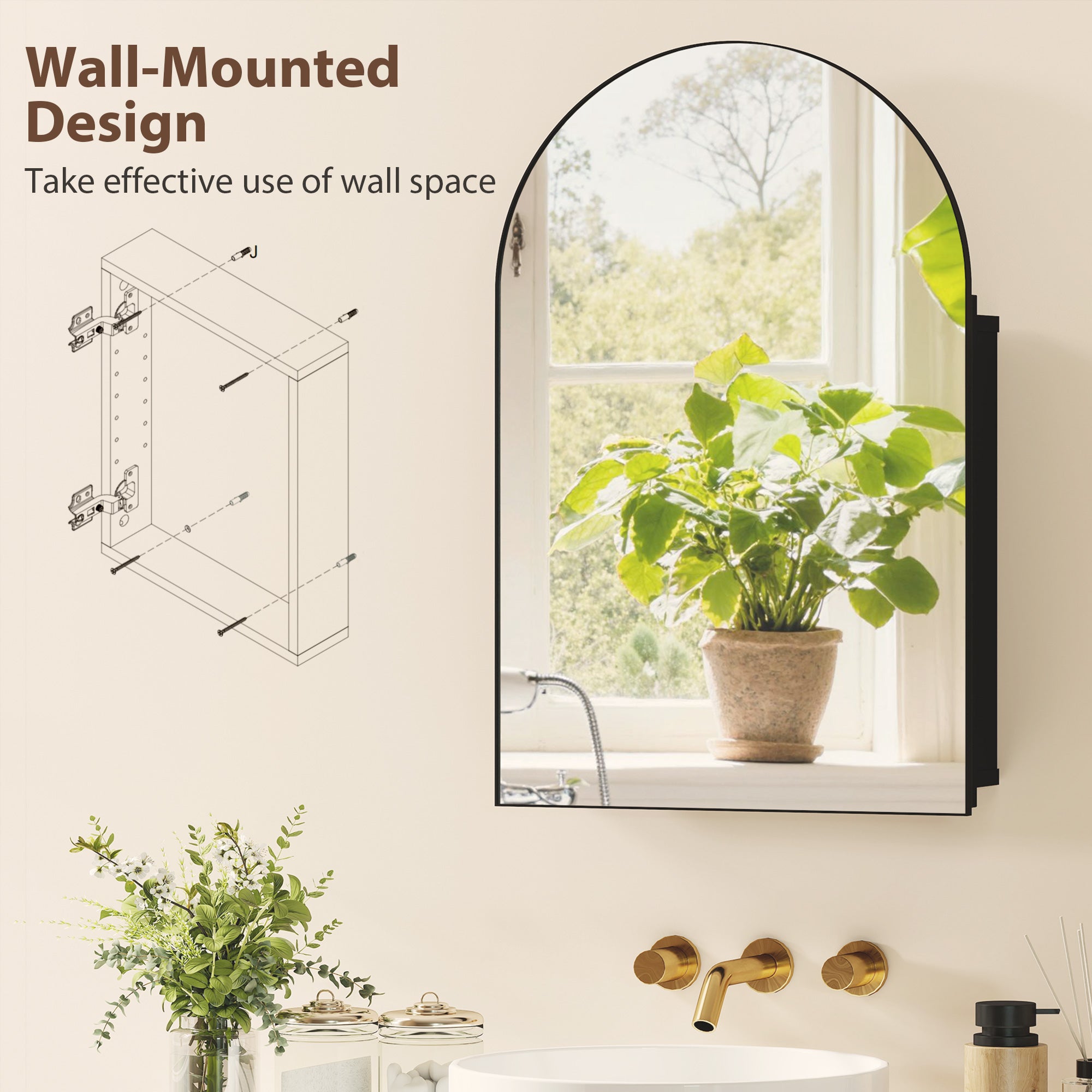 Bathroom Mirror Cabinet with Mirror, Arched Wall Mounted Bathroom Cabinet with Storage Shelves, Black