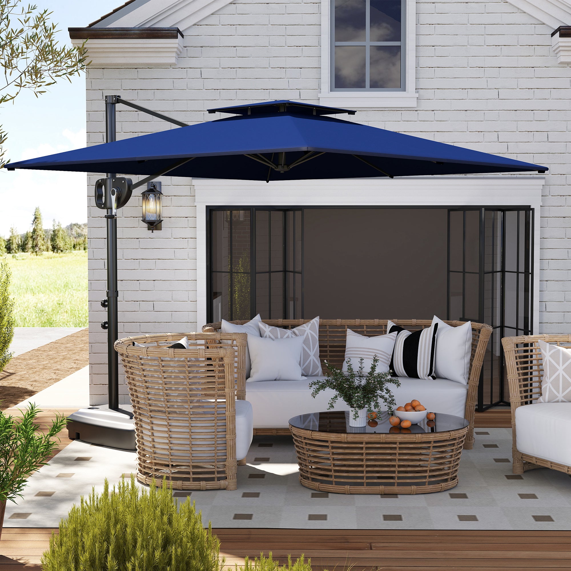 Cantilever Parasol with Weighted Base Double Top Garden Parasol Square Hanging Patio Umbrella with Crank Tilt Dark Blue