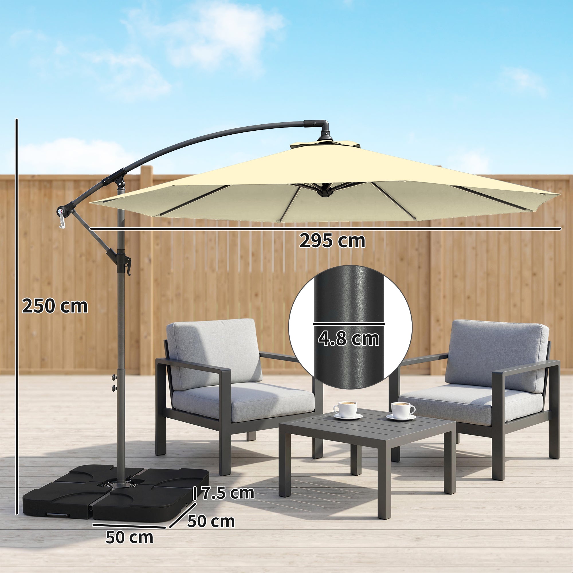 3m Overhanging Parasol, with Base, Weights and Cover - Sand brown