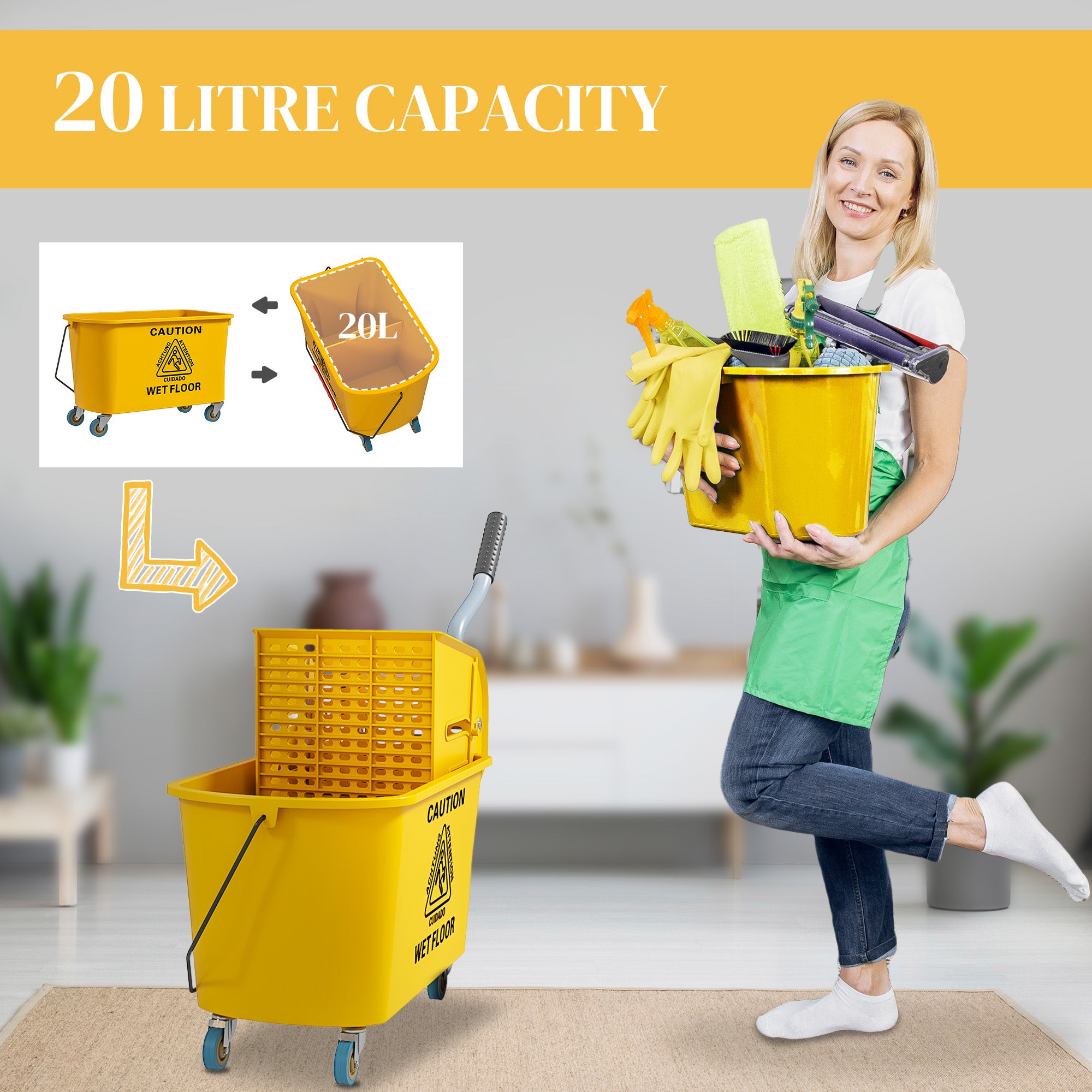 Mop Bucket with Wringer Set on Wheels for Floor Cleaning, 20 Litre Side Press Wringer with Handle and Mop, Yellow