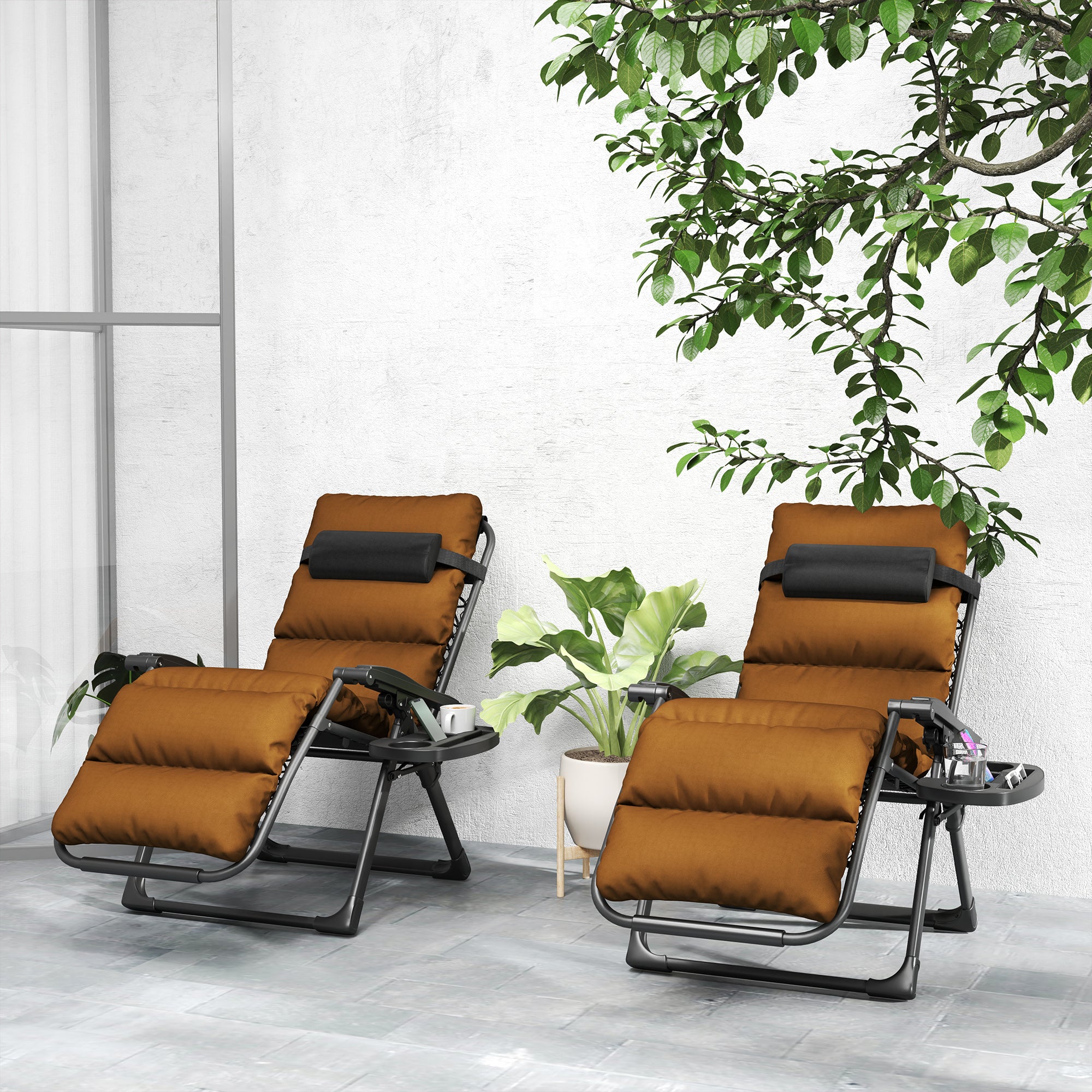 Set of 2 Reclining Sun Loungers with Cushions and Side Trays - Brown Steel Frame