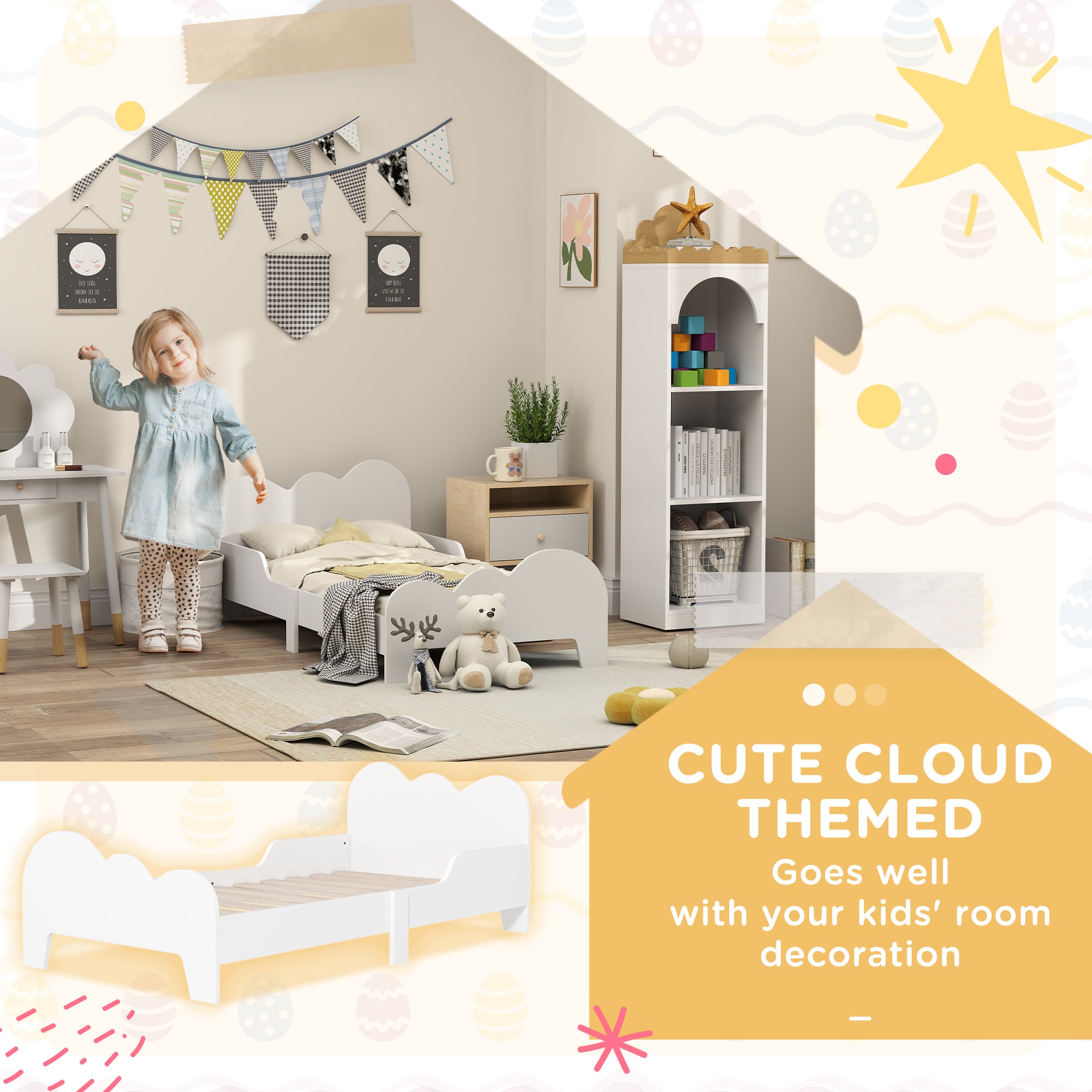 Cloud-Themed Toddler Bed Frame with Safety Rails 143.5x74.5x56cm - White
