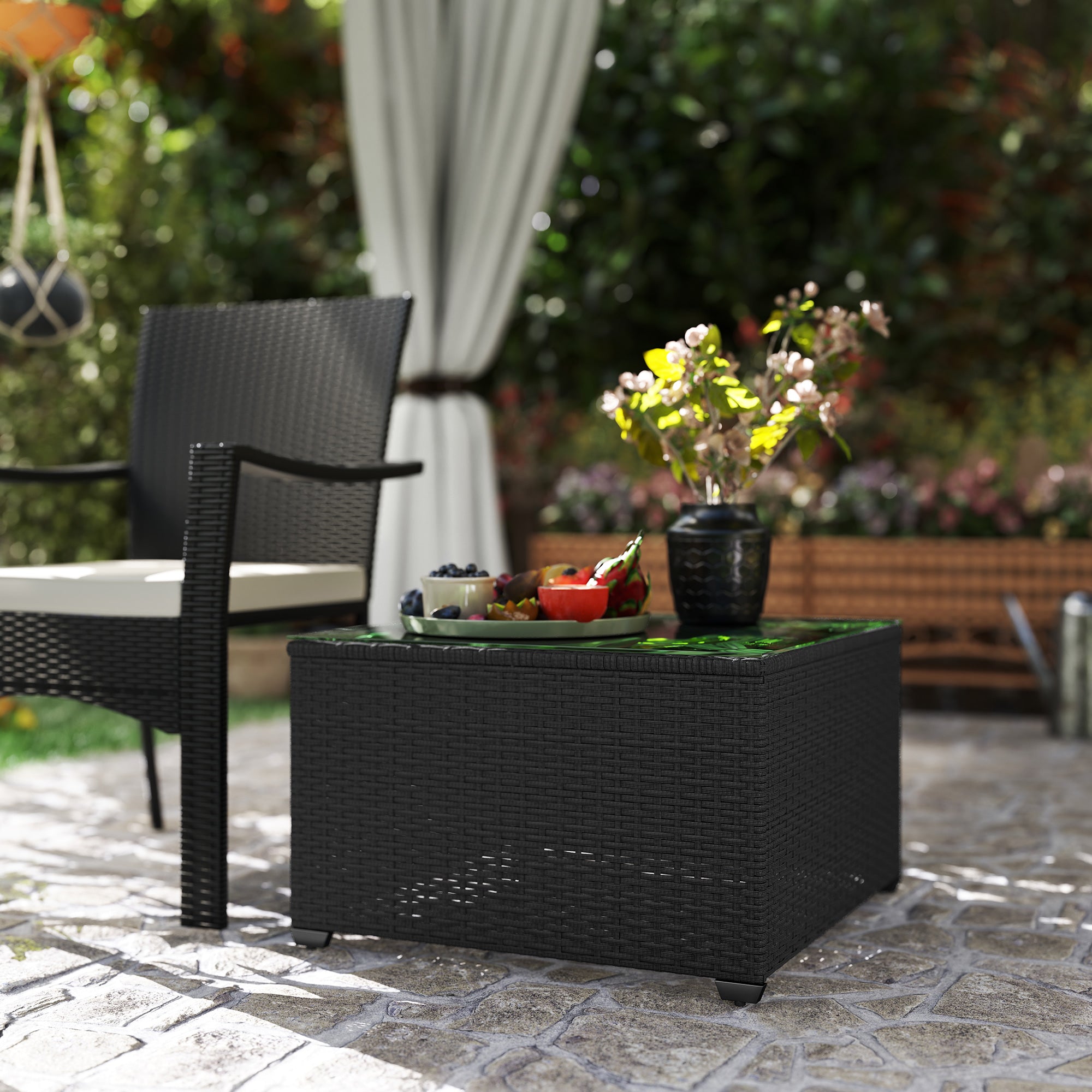 62cm Glass Top Rattan Side Table with Tempered Glass - Black