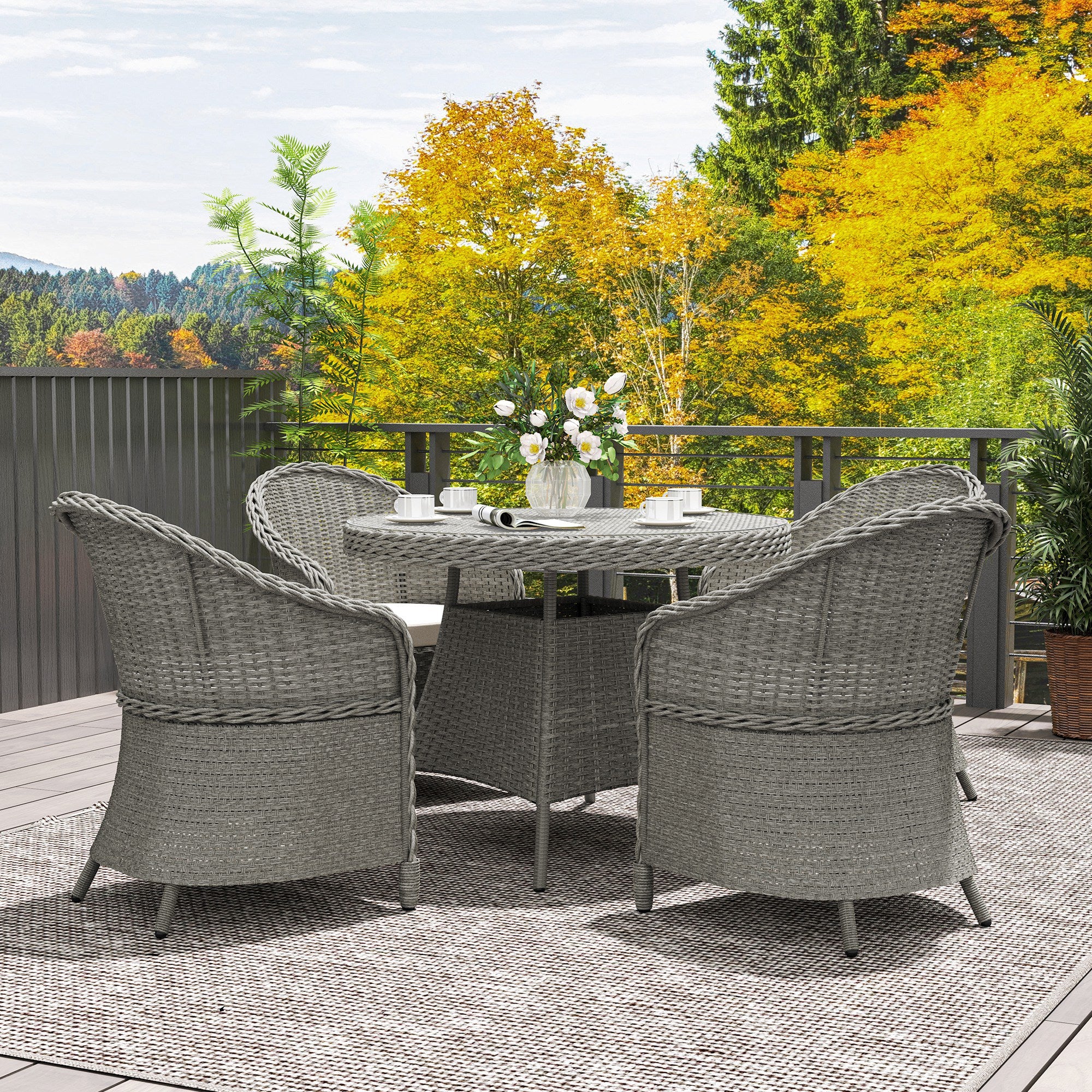 4 Seater Round PE Rattan Garden Dining Set with Cushions and Glass-Top Table - Grey