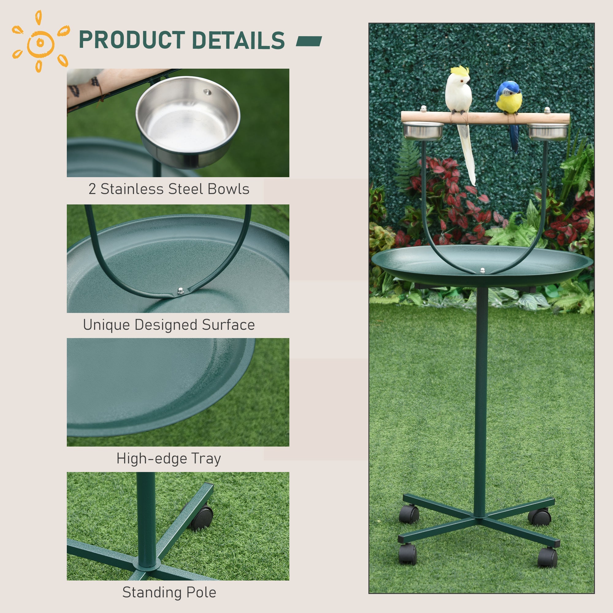 Bird Perch Stand with Perch, Four Wheels, Feeding Bowls for Small & Medium Birds, Green