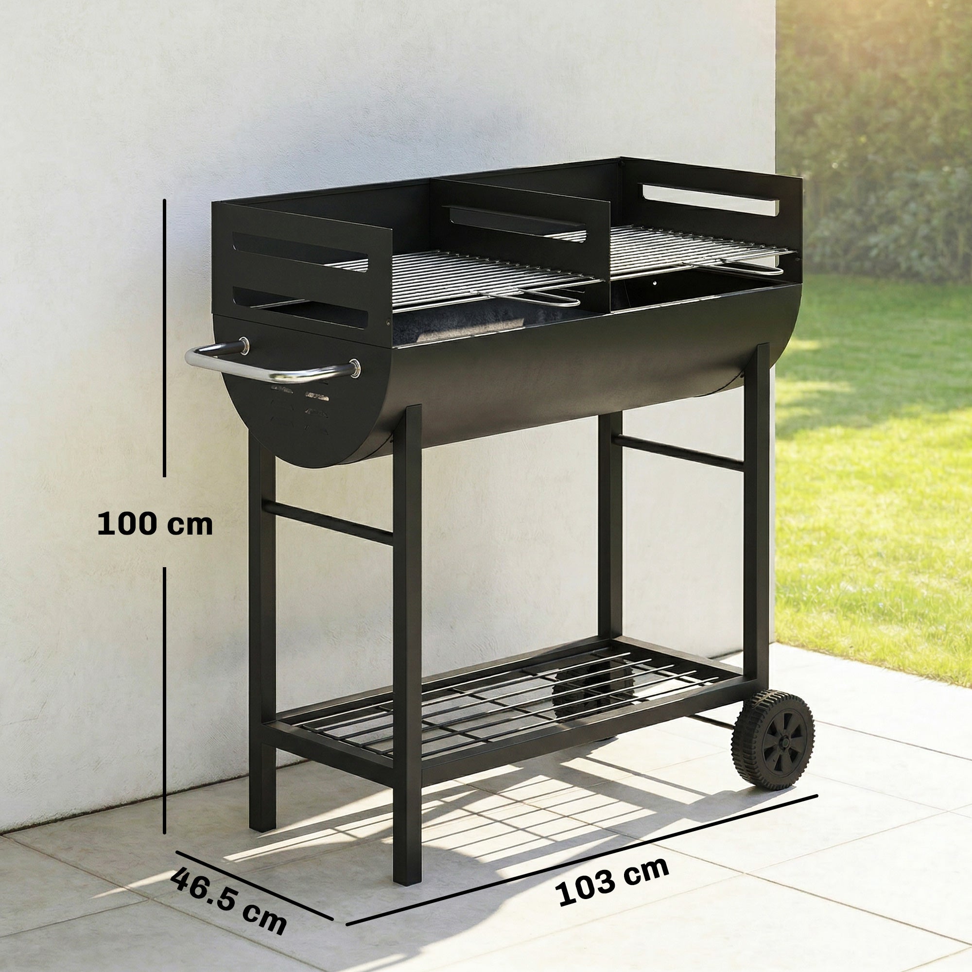 Charcoal Barbecue Grill with 2 Cooking Areas, Portable BBQ Trolley with Wheels, Height Adjustable Grates, Bottom Shelf