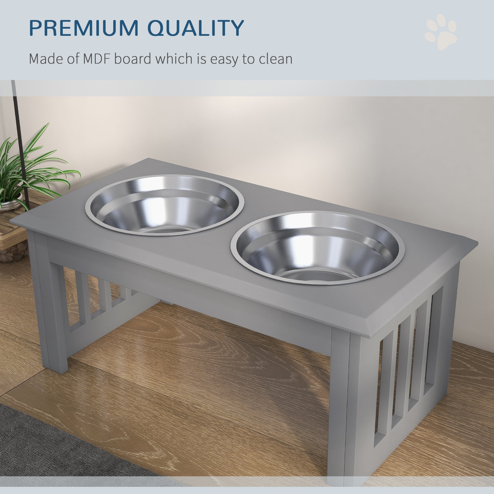 Raised Dog Feeding Bowls with Stand, Stainless Steel for Small and Medium Dog, 58L x 31W x 25H cm - Grey