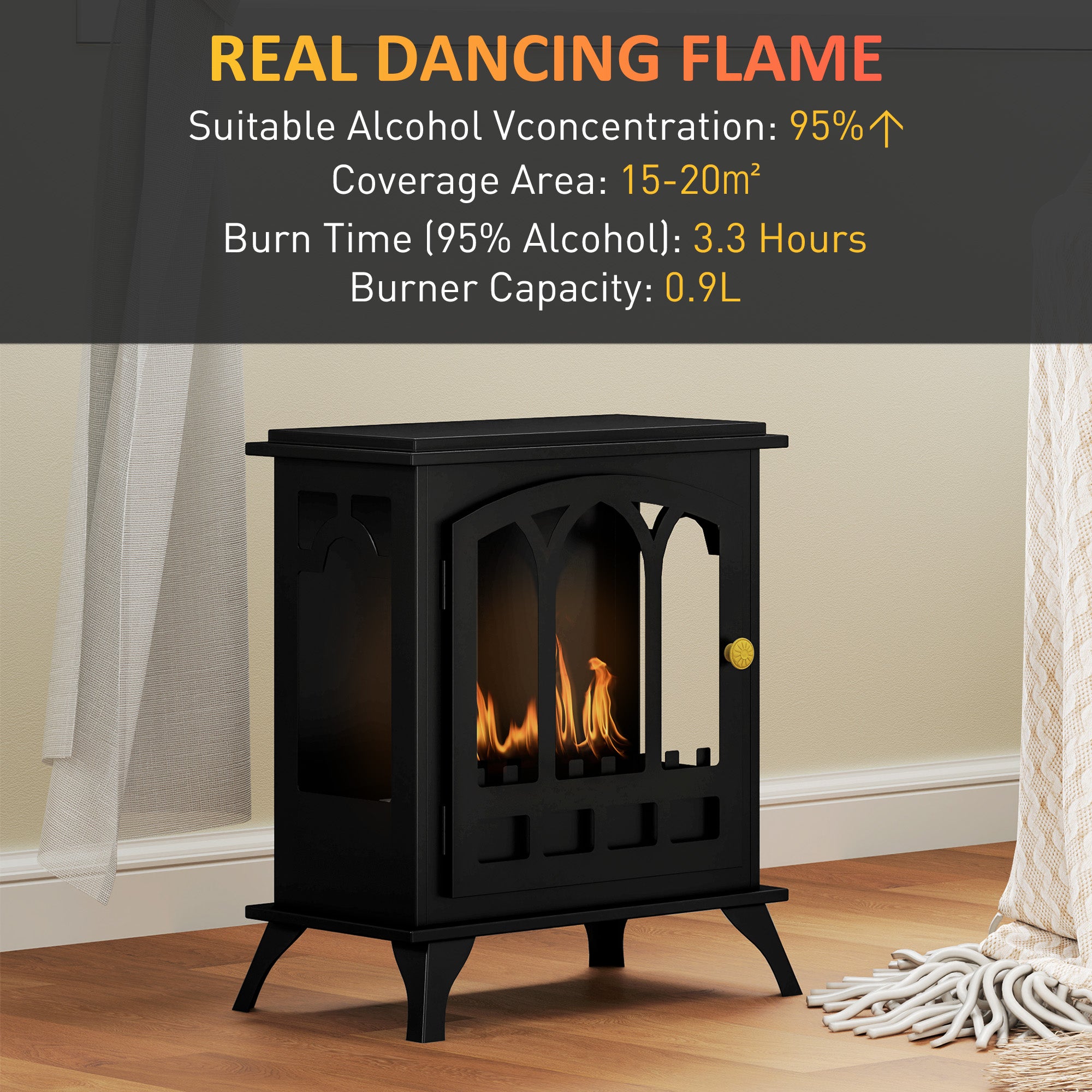 Ethanol Fireplace Stove, Freestanding Bioethanol Fire, Indoor Ethanol Burner with 0.9 Litres Volume, Burns for Up to 3.3 Hours, 21 Inch, Black