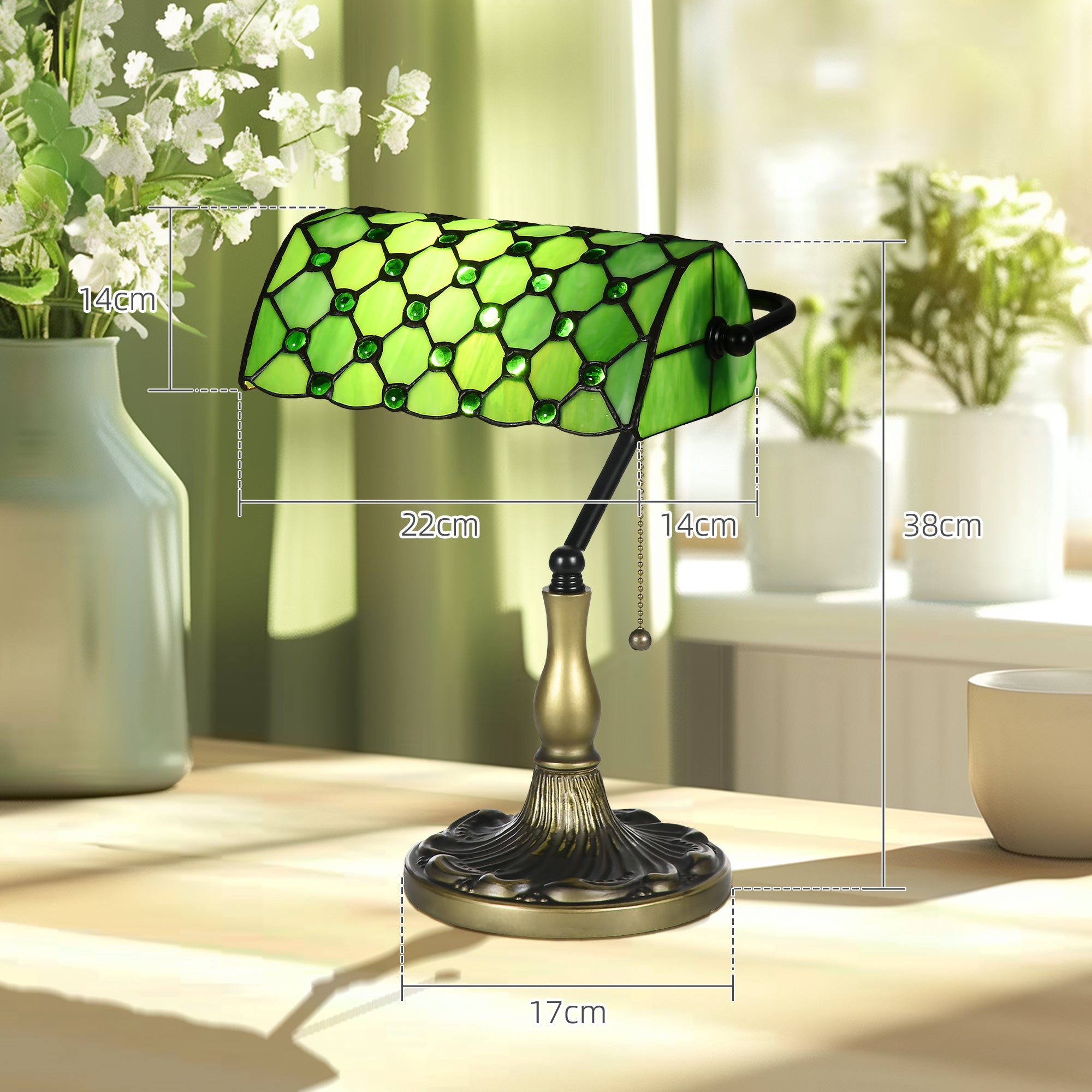 Vintage Stained Glass Table Lamp with Handmade Green Shade and Metal Base - Green