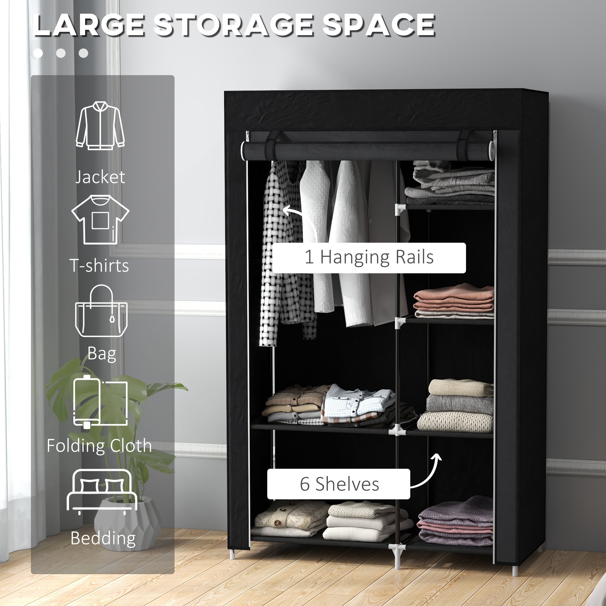 Fabric Wardrobe, Portable Wardrobe with 6 Shelves, 1 Hanging Rail, Foldable Closets, 103 x 43 x 162.5 cm, Black