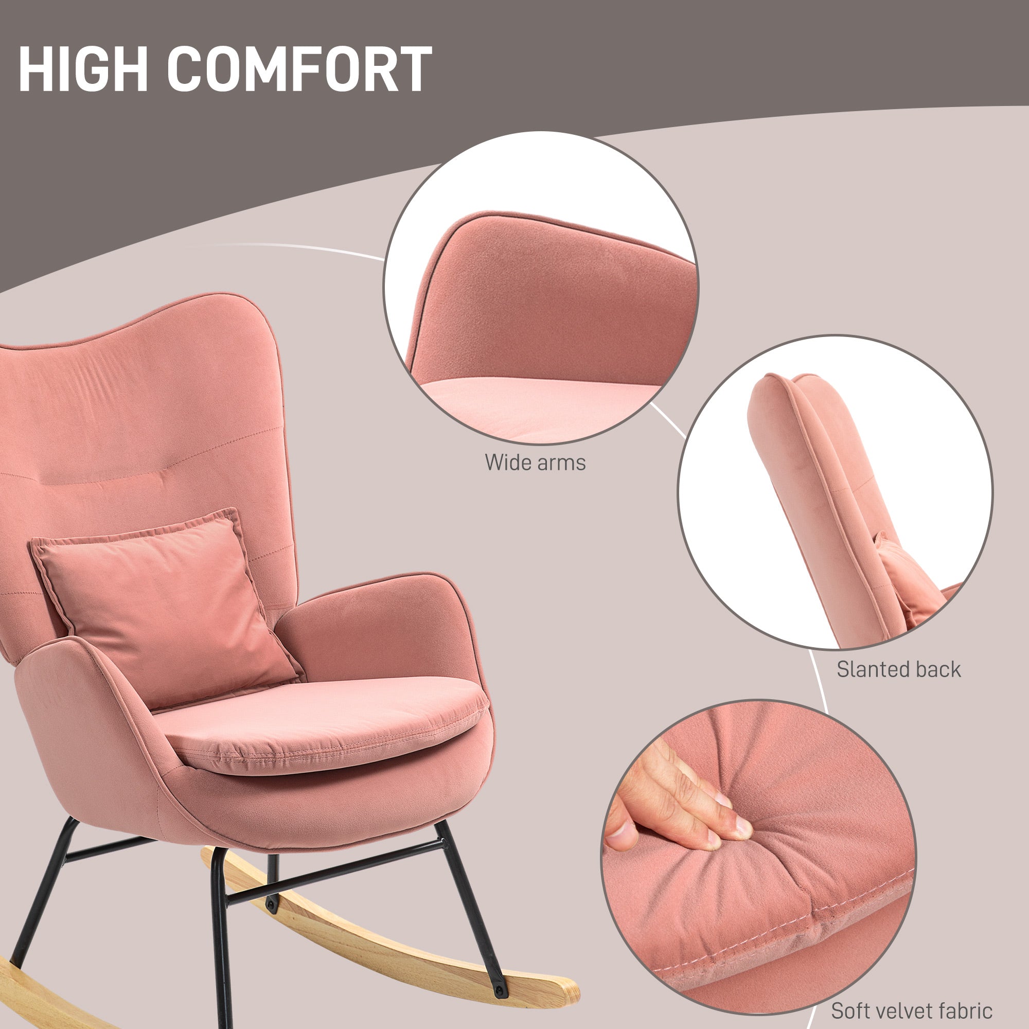 Velvet Rocking Chair Armchair with Lumbar Pillow, Metal Legs and Wood Base for Living Room, Bedroom, Pink