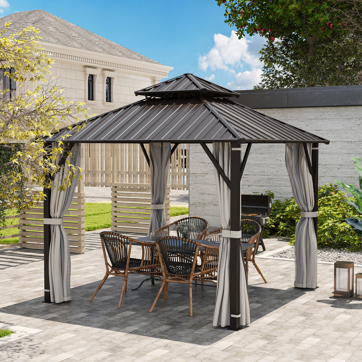 3 x 3m Hardtop Gazebo Canopy with Double Metal Roof, Netting & Curtains - Beige