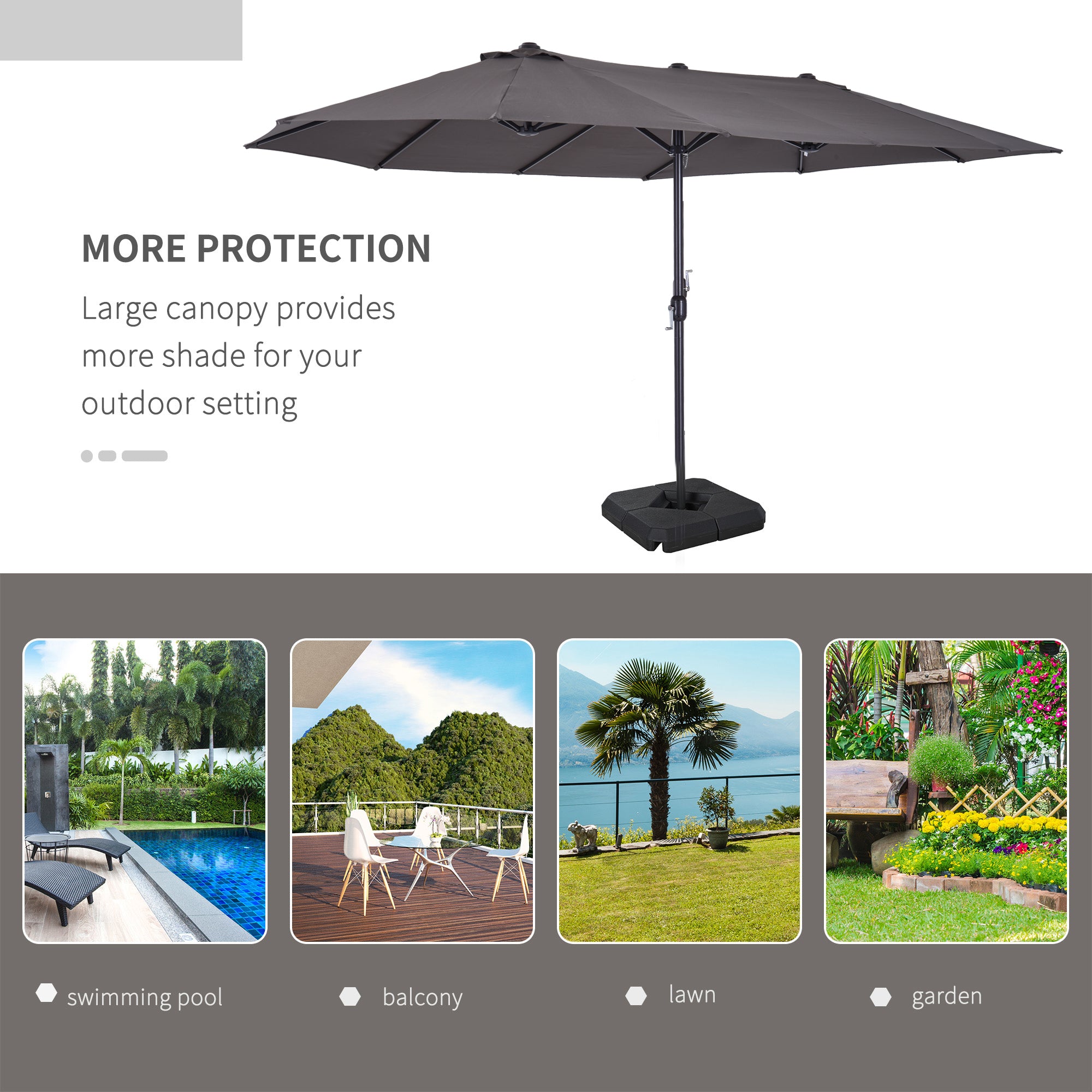 4.6m Garden Parasol Double-Sided Sun Umbrella Patio Market Shelter Canopy Shade with Weight Base, Grey