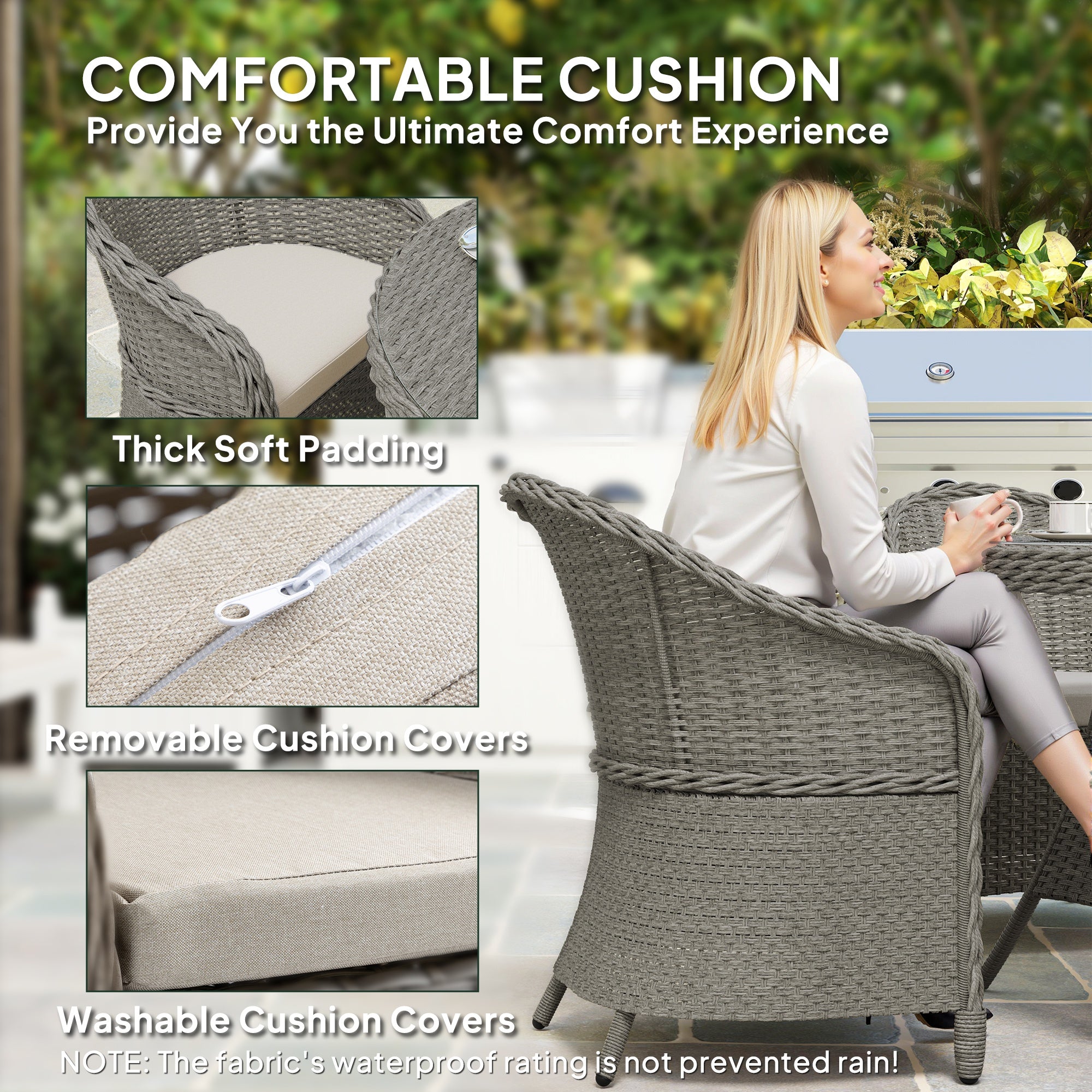4 Seater Round PE Rattan Garden Dining Set with Cushions and Glass-Top Table - Grey